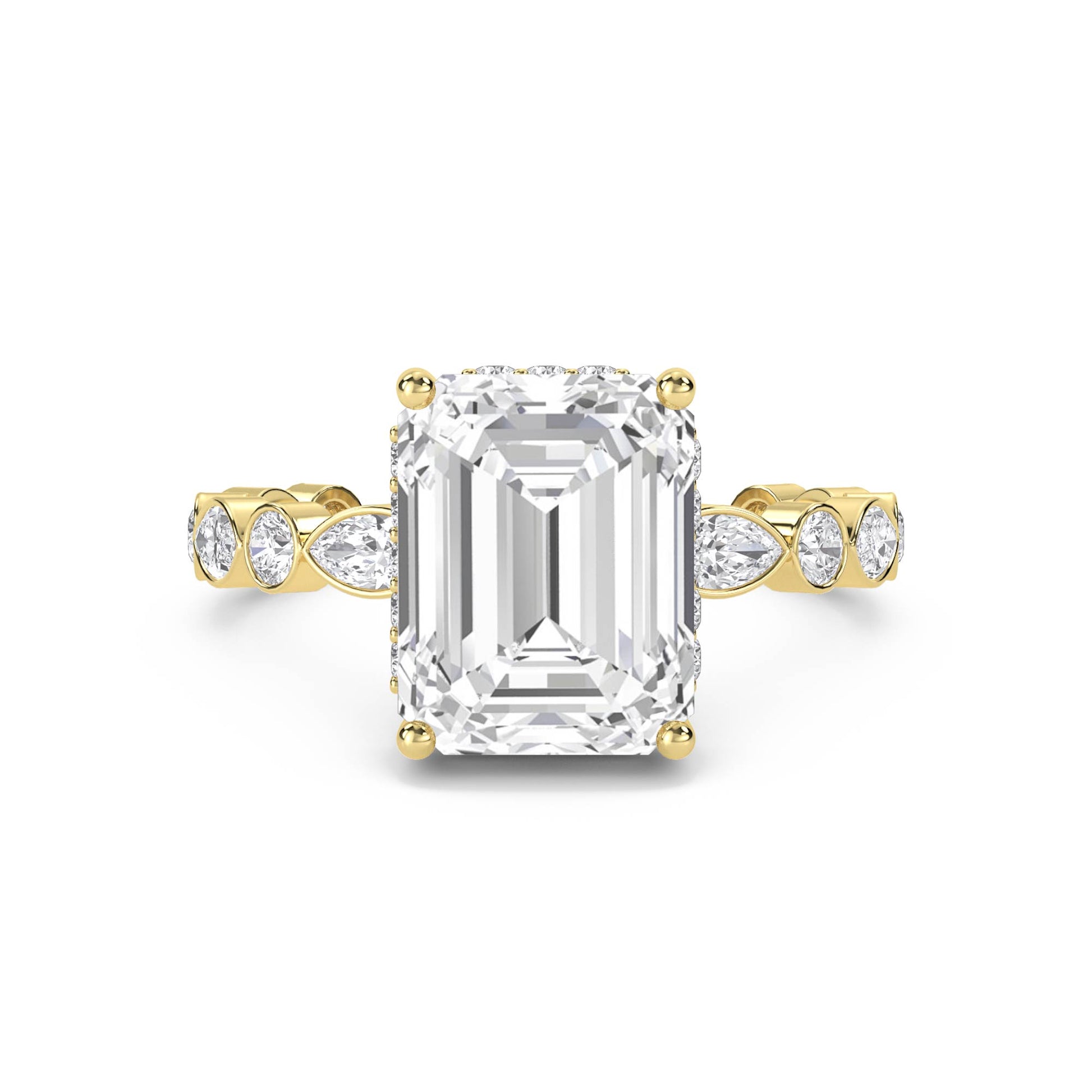 Emerald Cut Diamond Ring with Bezel Marquise Band - Yellow Gold - Pose 1