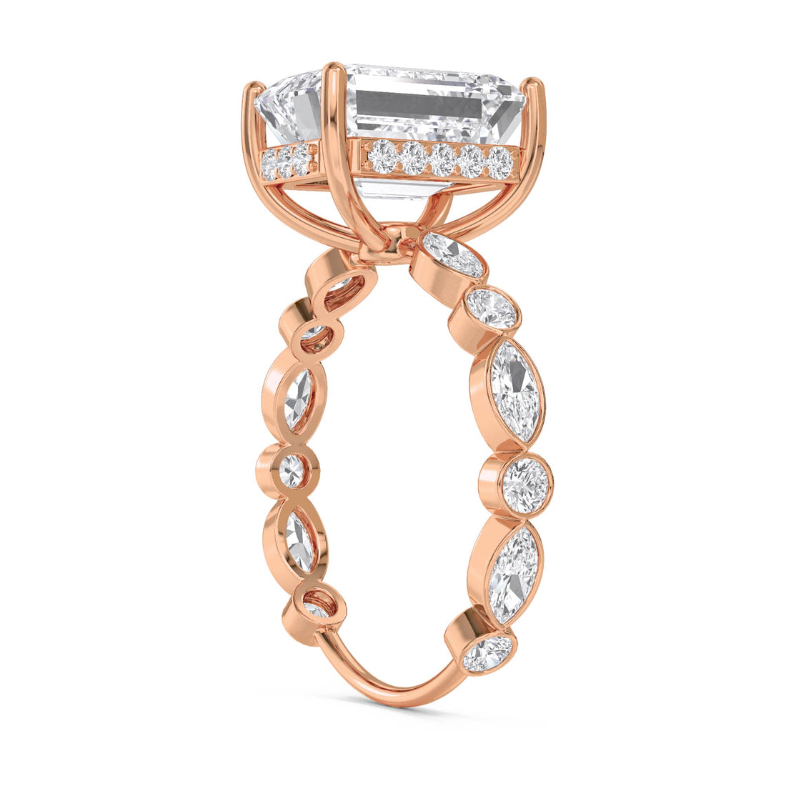 Emerald Cut Diamond Ring with Bezel Marquise Band - Rose Gold - Pose 2