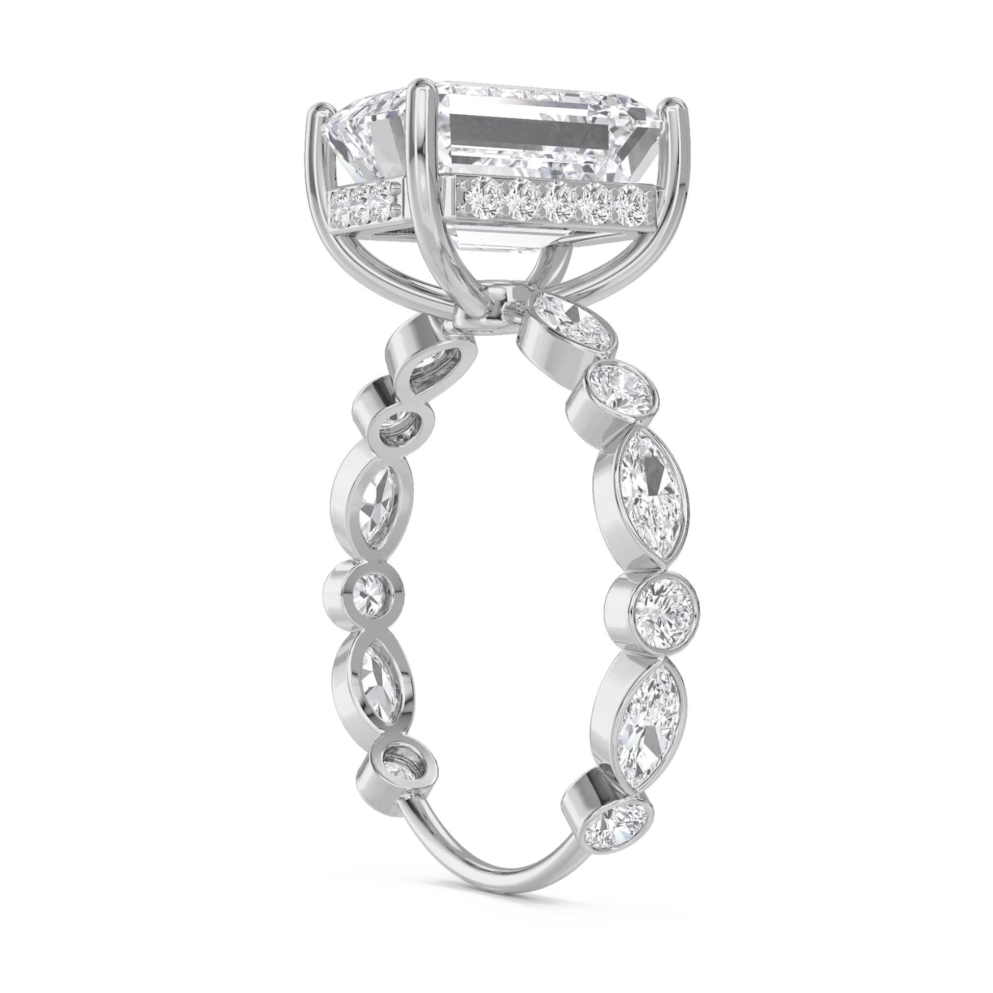 Emerald Cut Diamond Ring with Bezel Marquise Band - White Gold - Pose 2