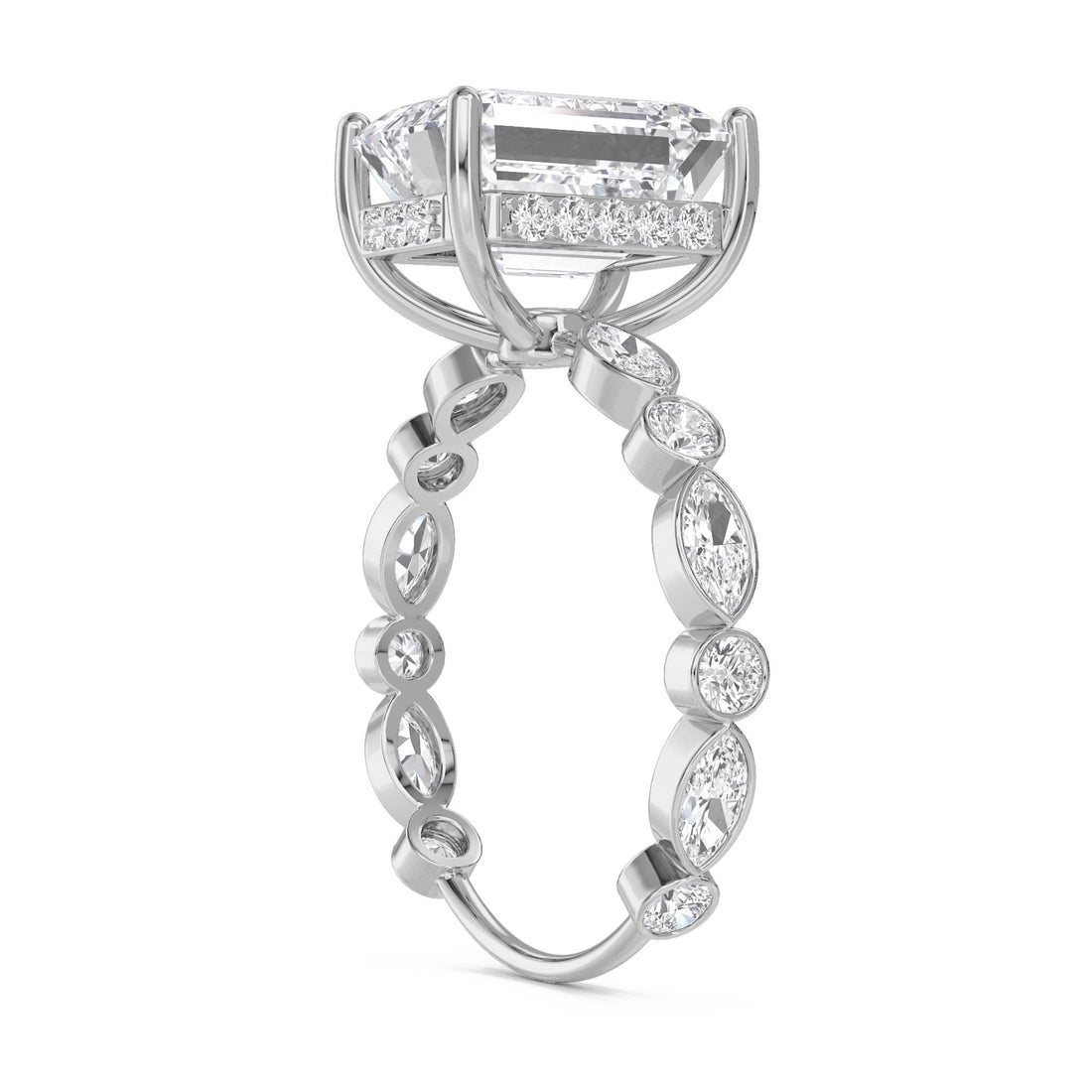 Emerald Cut Diamond Ring with Bezel Marquise Band (Silver) - image 1