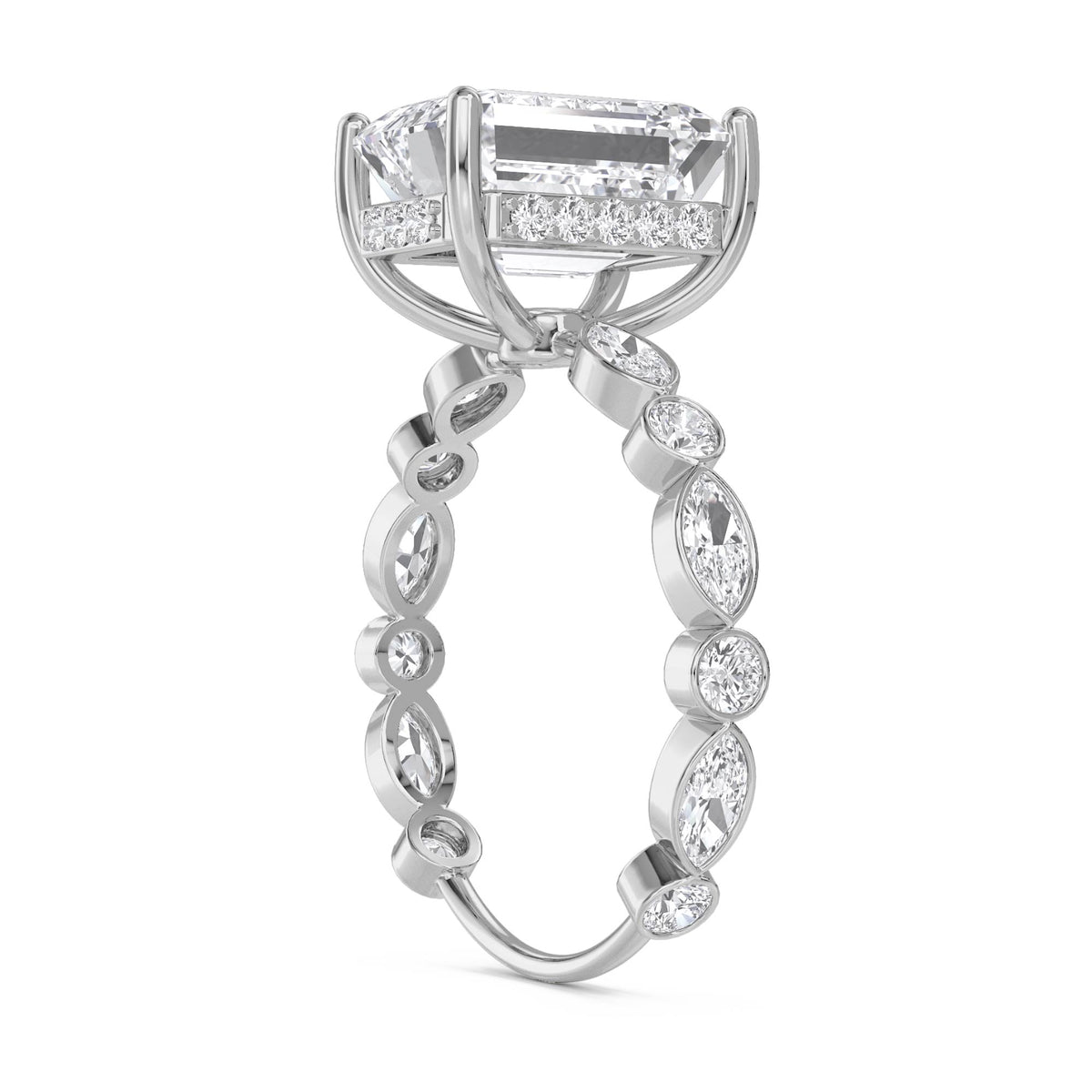 Emerald Cut Diamond Ring with Bezel Marquise Band (Silver) - image 2