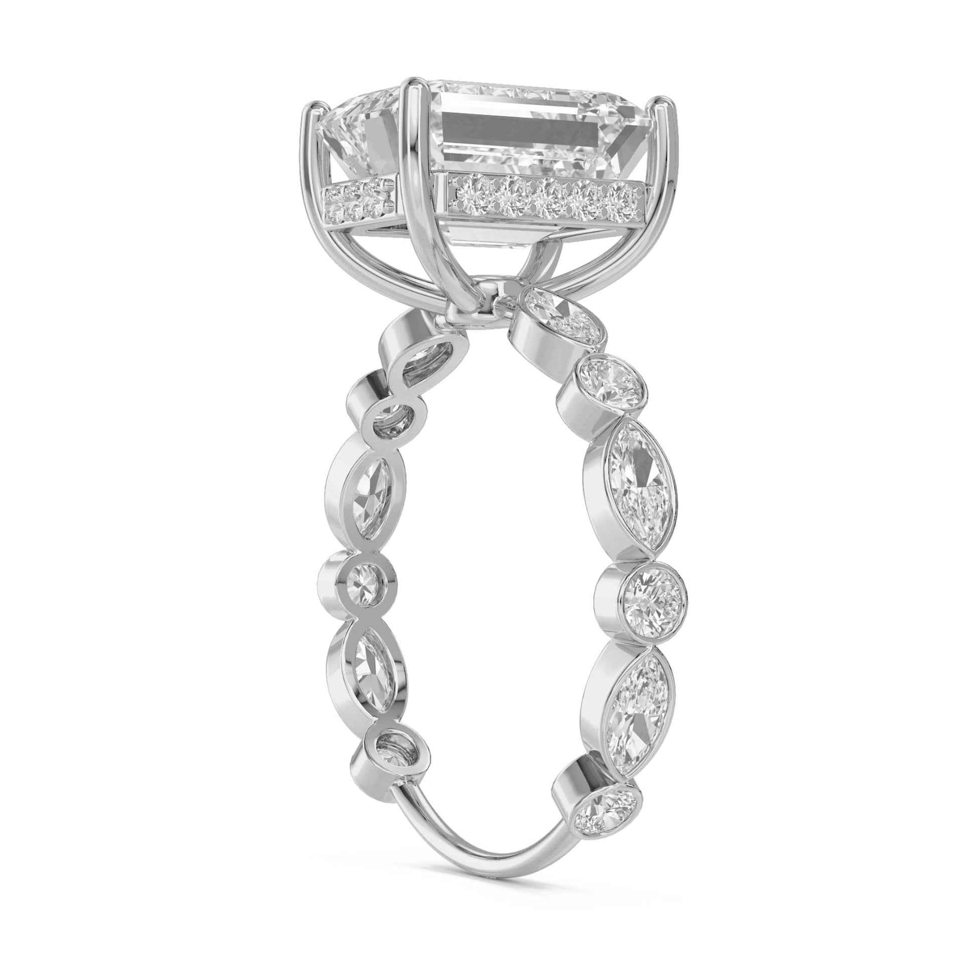 Emerald Cut Diamond Ring with Bezel Marquise Band (Silver) - image 2