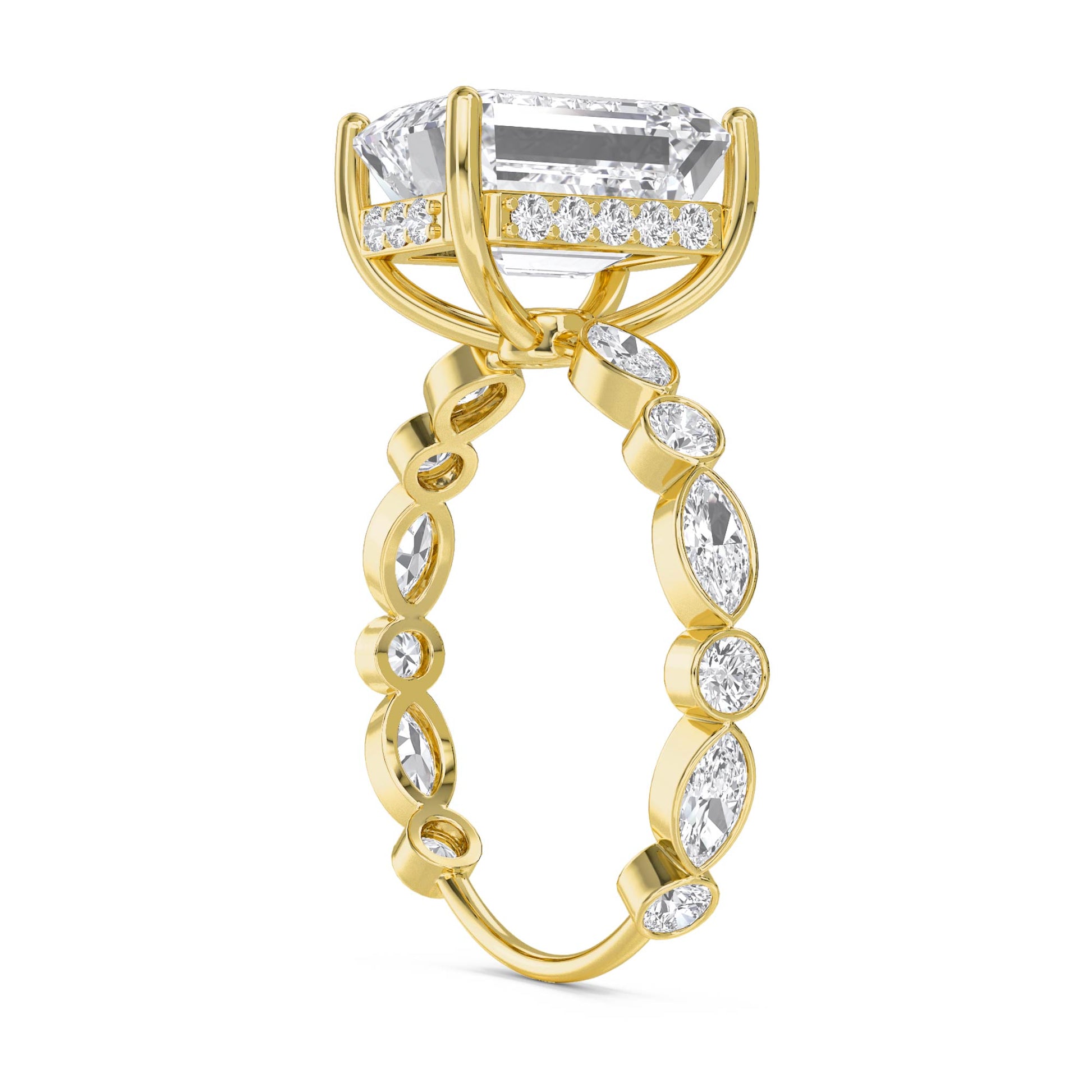 Emerald Cut Diamond Ring with Bezel Marquise Band - Yellow Gold - Pose 2