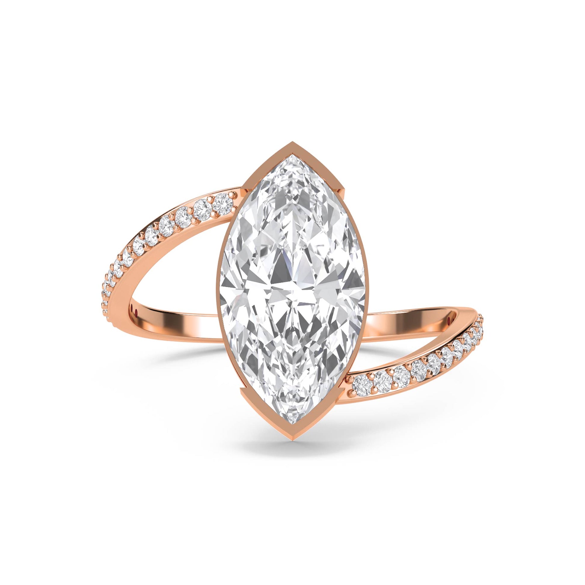 Bezel-Set Marquise Diamond Ring with Split Pavé Shank - Rose Gold - Pose 1