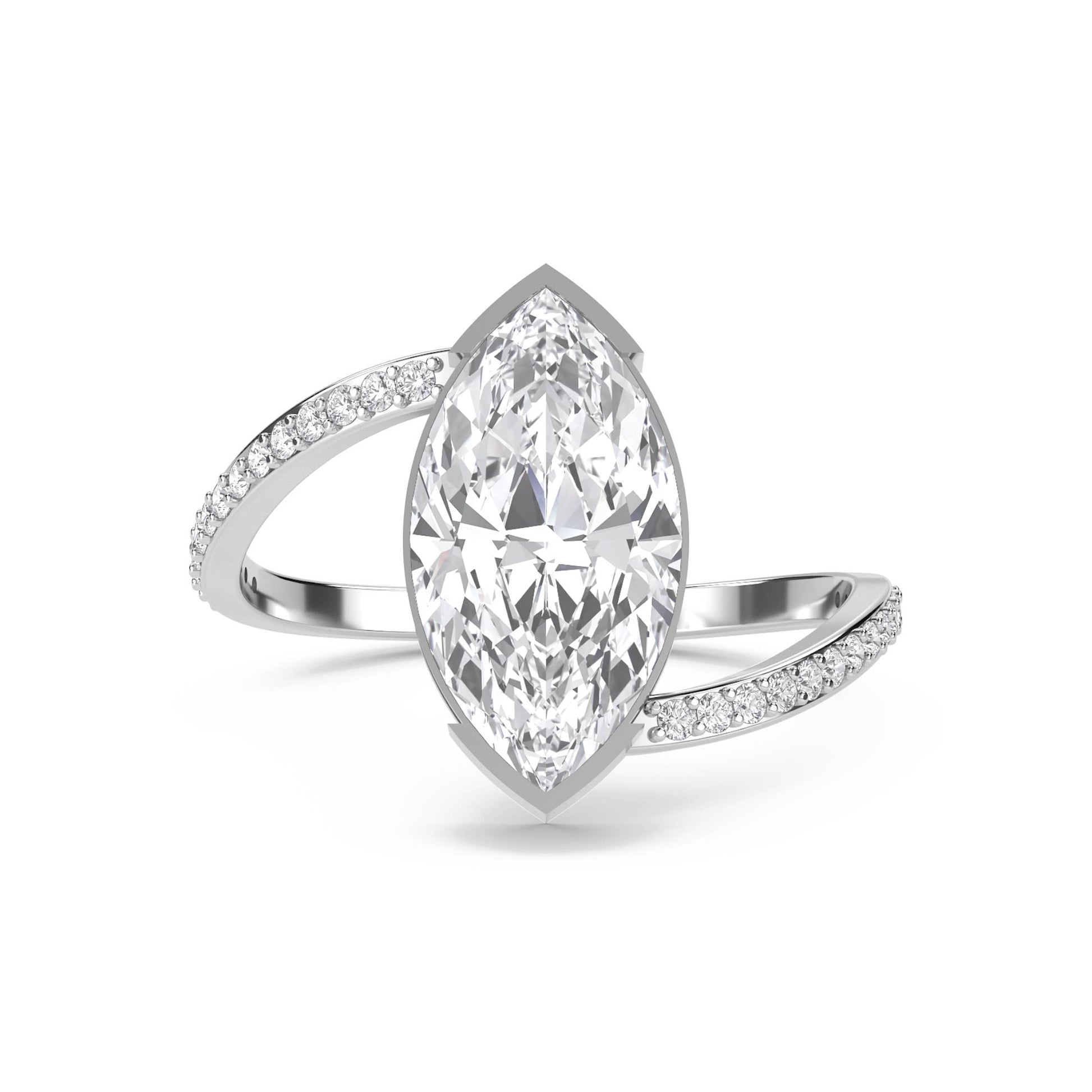 Bezel-Set Marquise Diamond Ring with Split Pavé Shank - White Gold - Pose 1