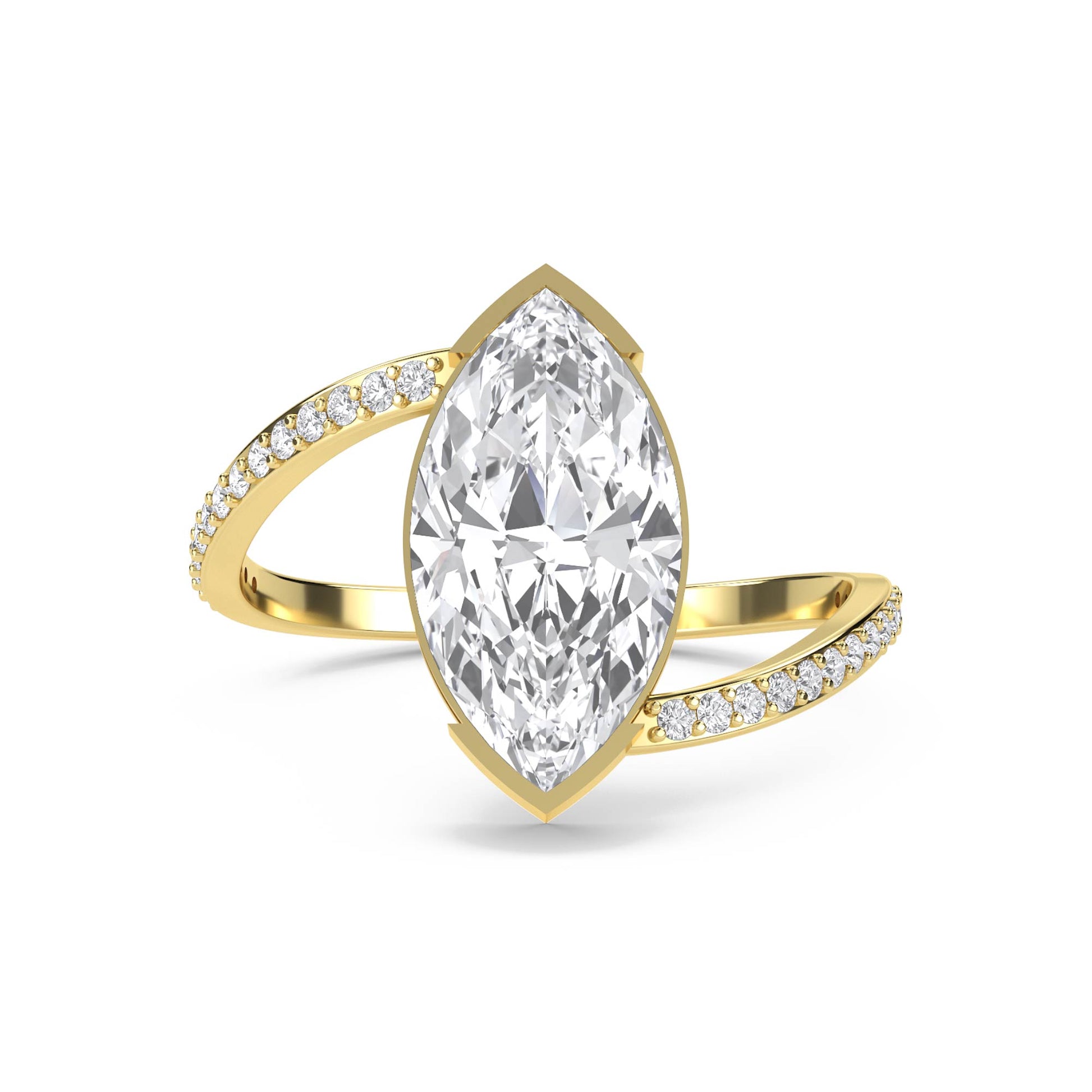 Bezel-Set Marquise Diamond Ring with Split Pavé Shank - Yellow Gold - Pose 1