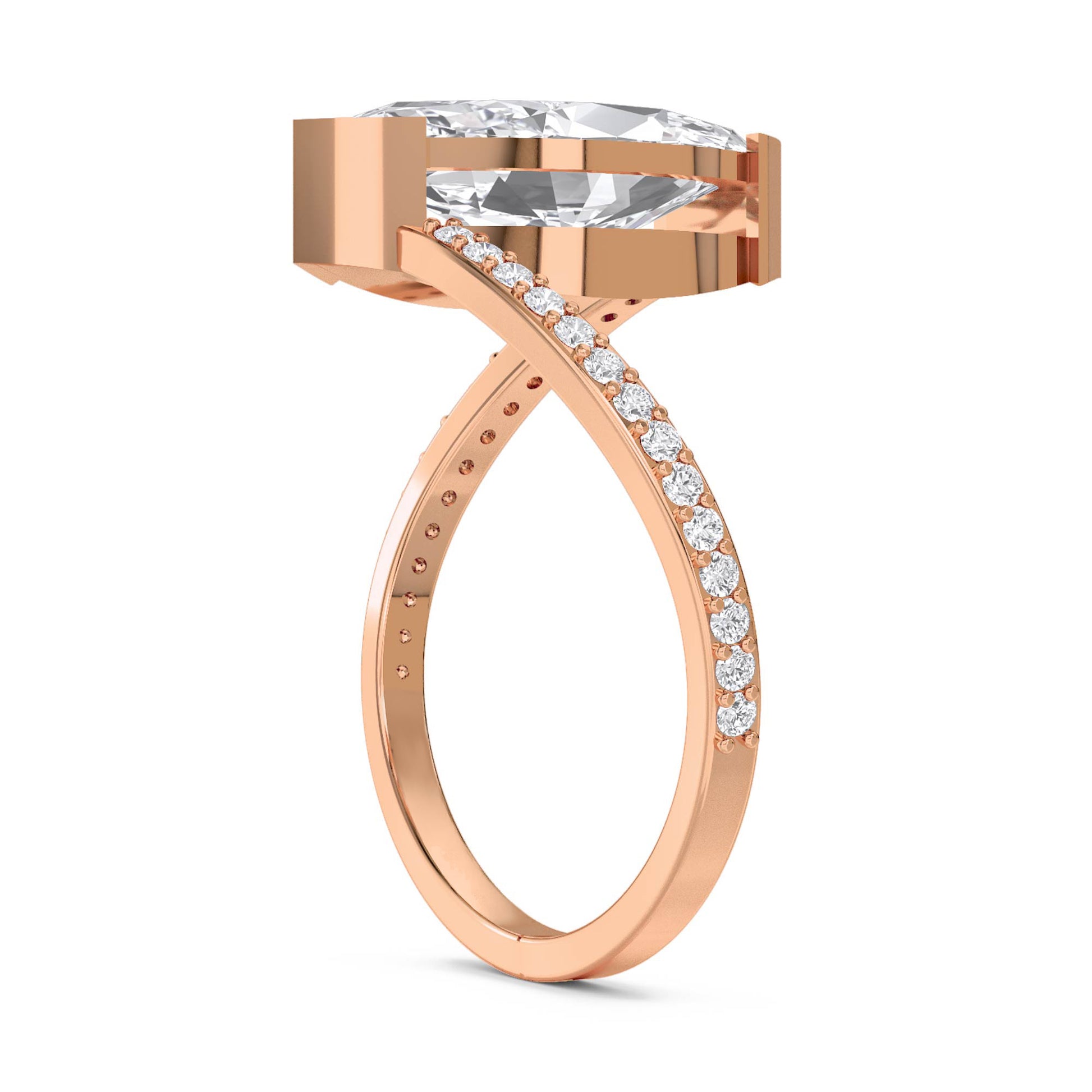 Bezel-Set Marquise Diamond Ring with Split Pavé Shank - Rose Gold - Pose 2
