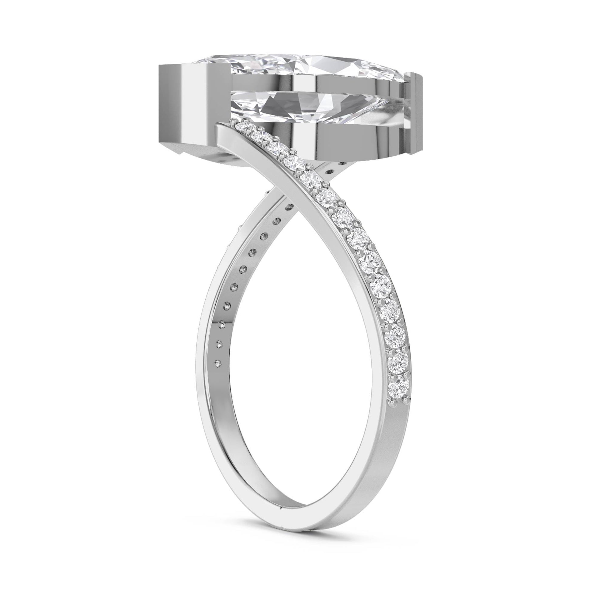 Bezel-Set Marquise Diamond Ring with Split Pavé Shank - White Gold - Pose 2