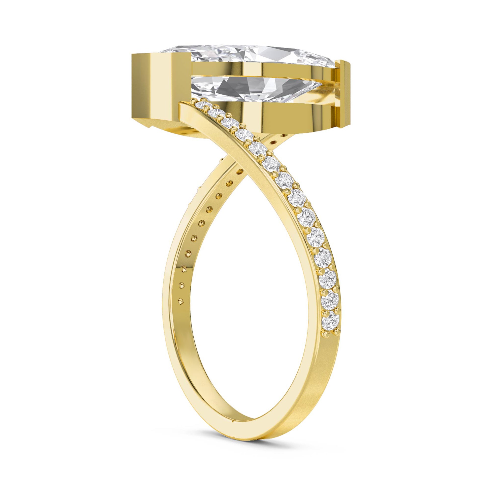 Bezel-Set Marquise Diamond Ring with Split Pavé Shank - Yellow Gold - Pose 2