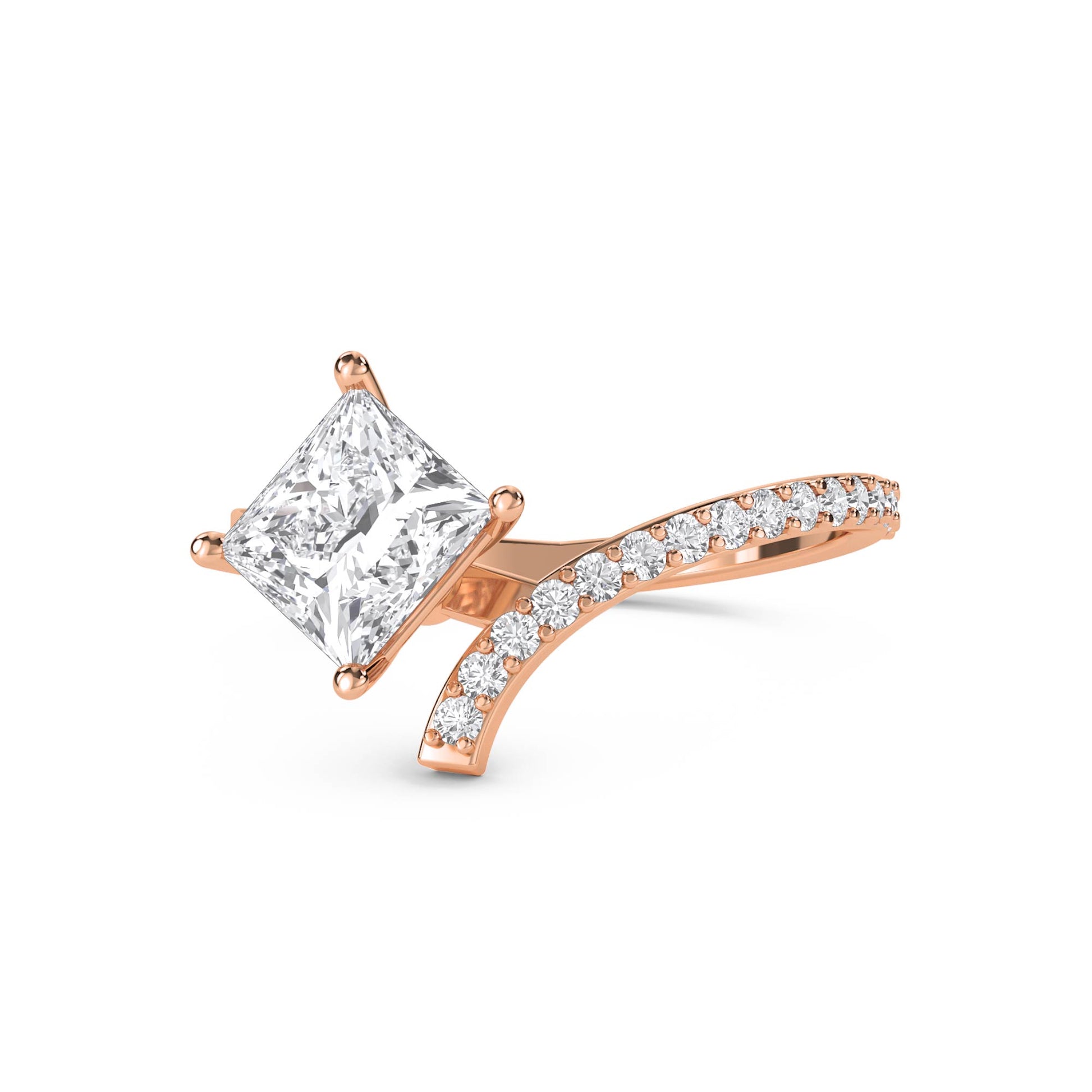 Princess Cut Diamond Crossover Ring with Pavé Curve - Rose Gold - Pose 1