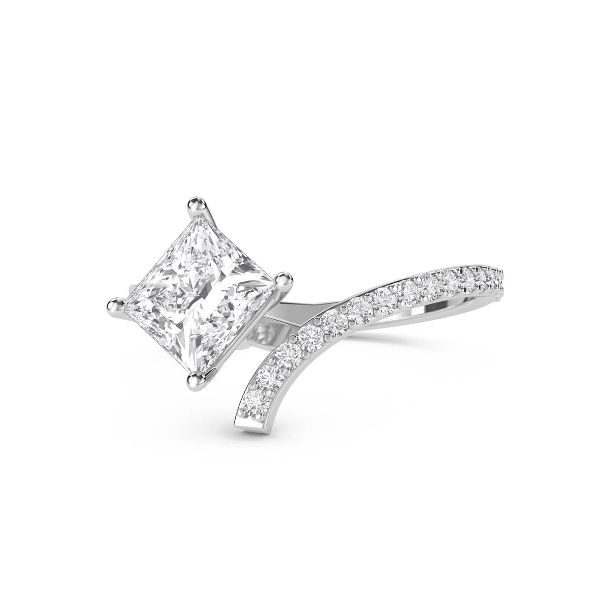 Princess Cut Diamond Crossover Ring with Pavé Curve (Silver) - image 1