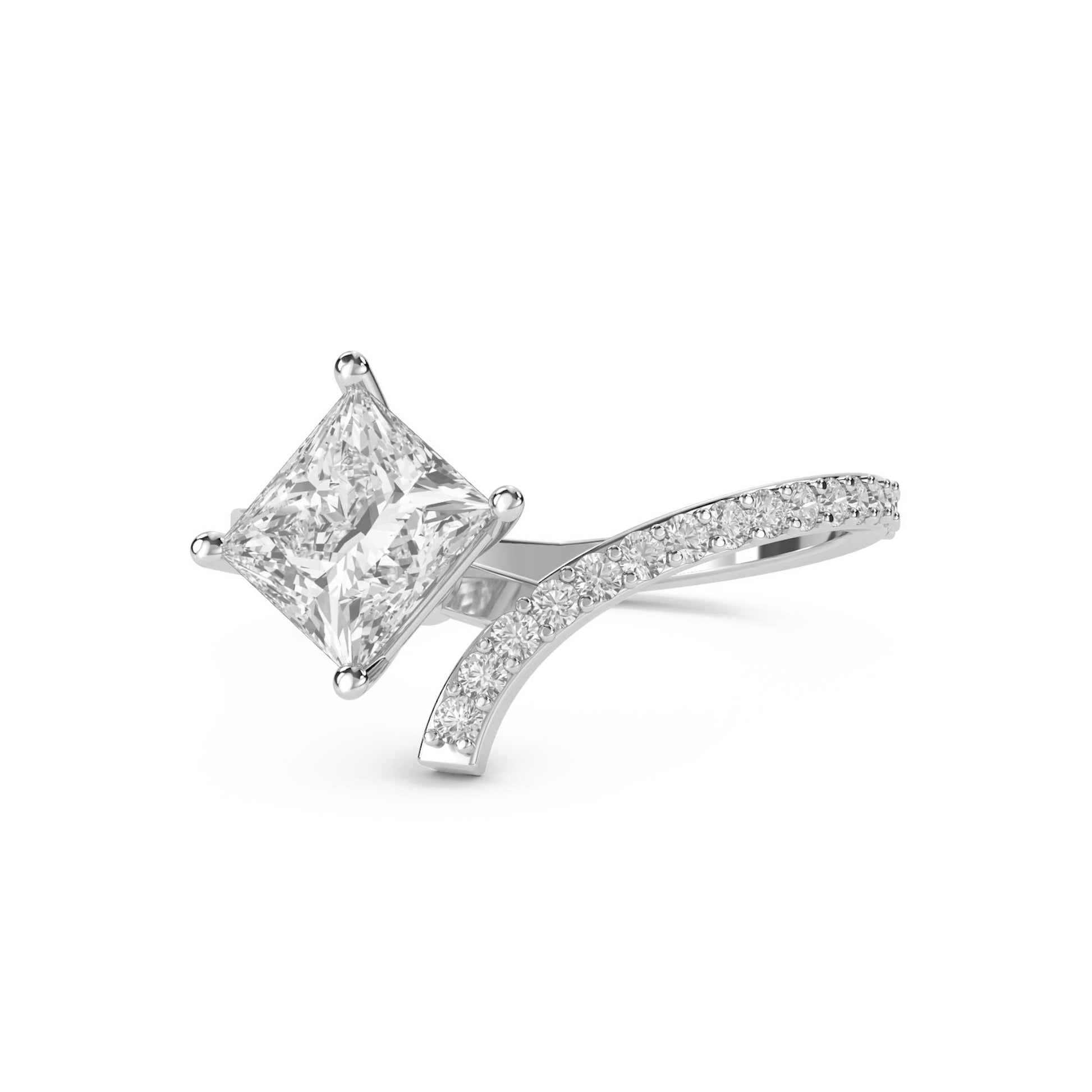 Princess Cut Diamond Crossover Ring with Pavé Curve (Silver) - image 1