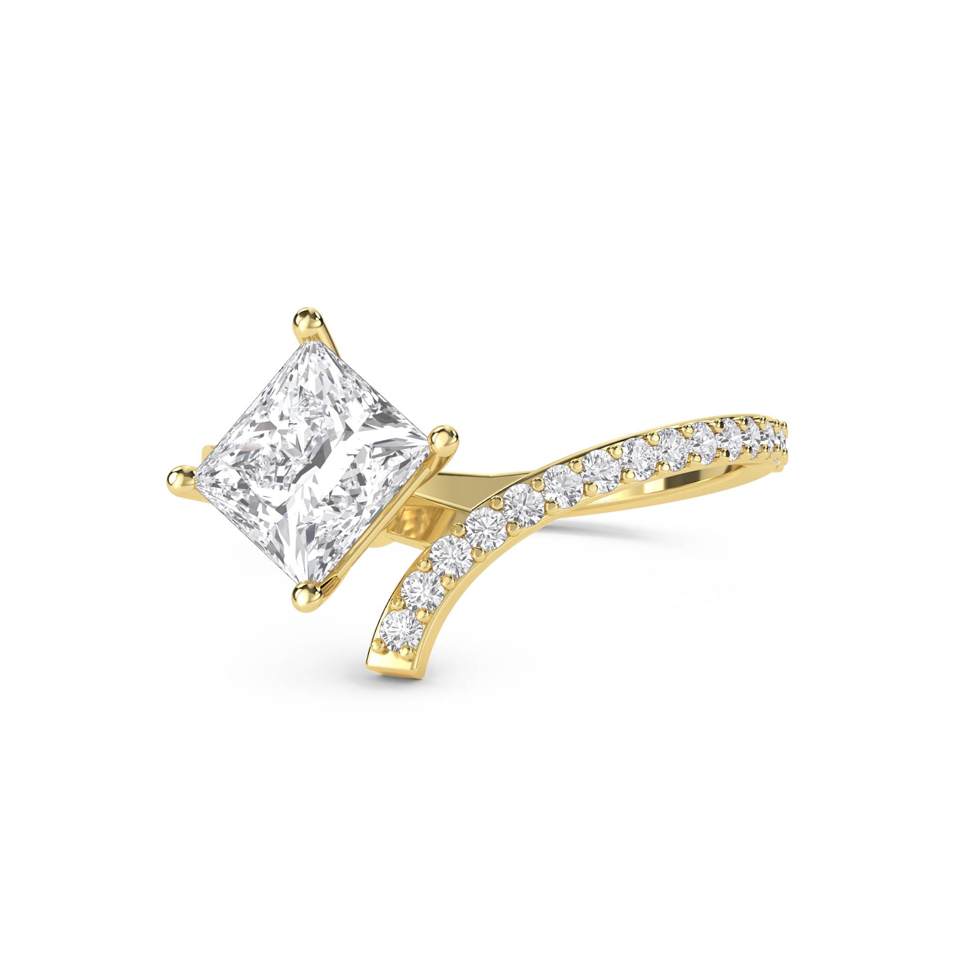 Princess Cut Diamond Crossover Ring with Pavé Curve - Yellow Gold - Pose 1
