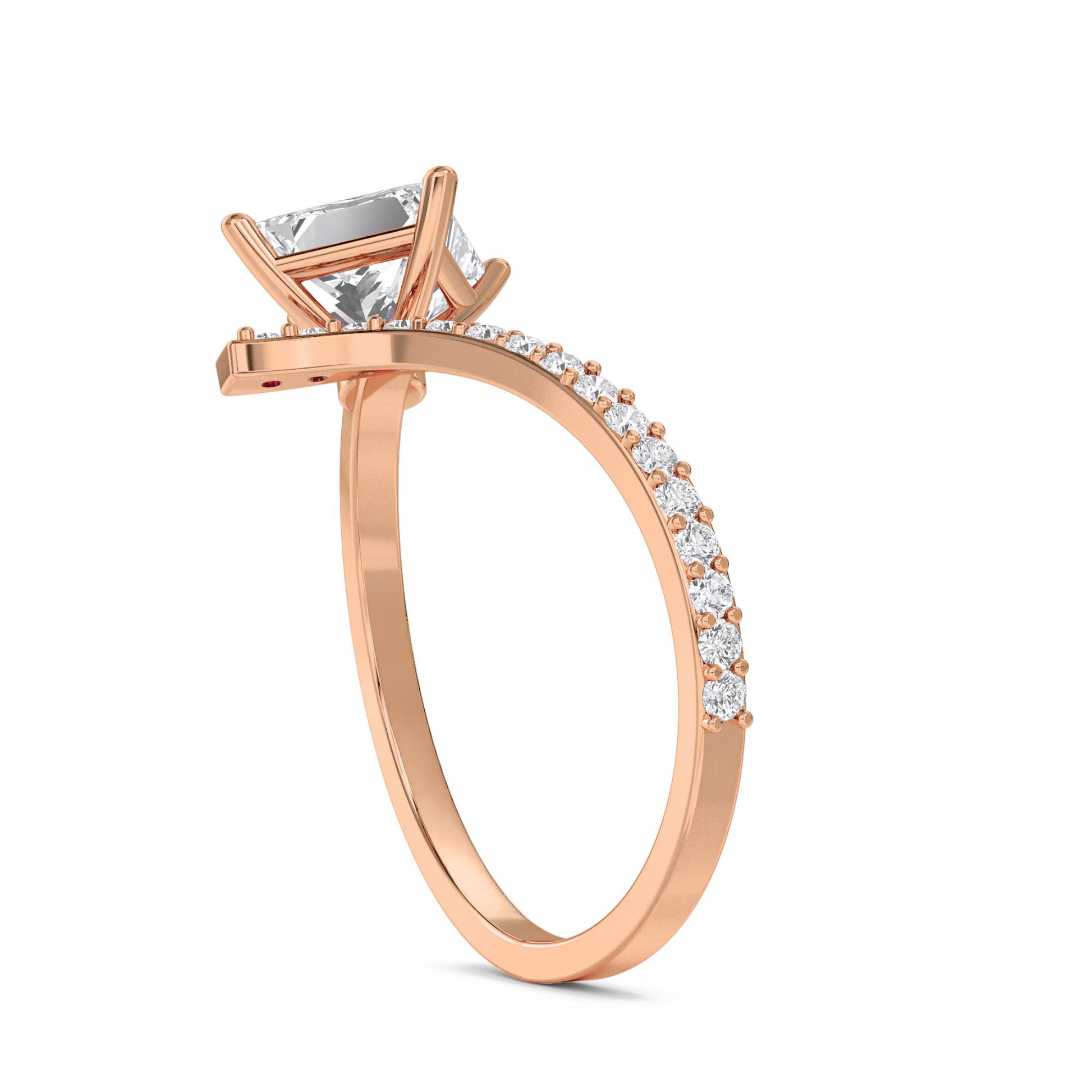 Princess Cut Diamond Crossover Ring with Pavé Curve - Rose Gold - Pose 2