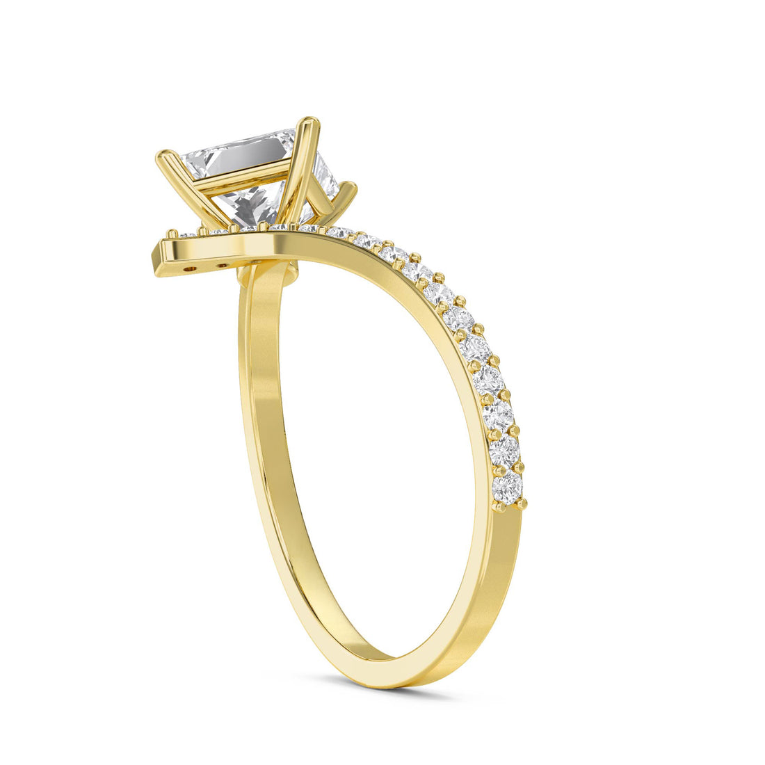 Princess Cut Diamond Crossover Ring with Pavé Curve - Yellow Gold - Pose 2