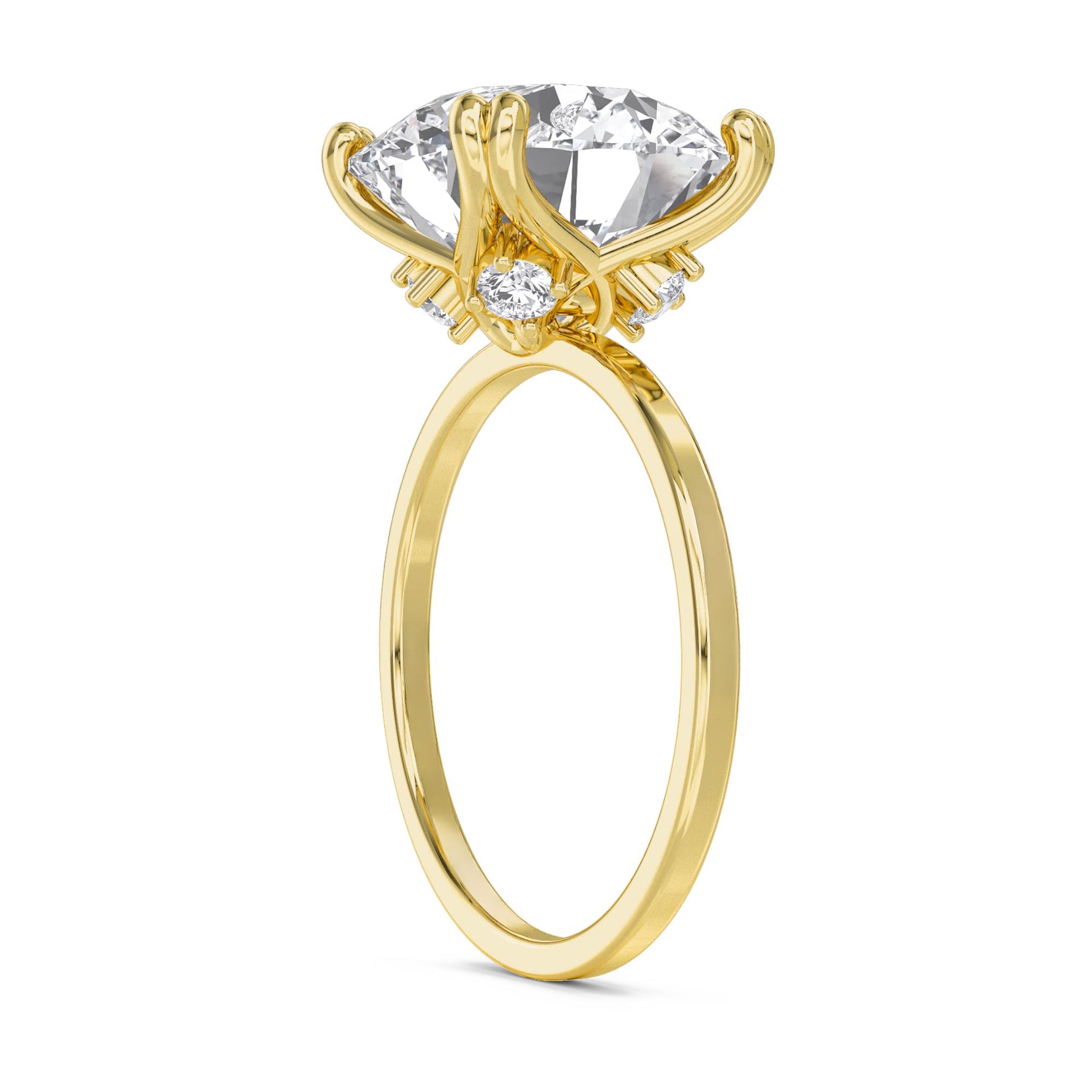 Round Solitaire Diamond Ring with Sculpted Prongs - Yellow Gold - Pose 2