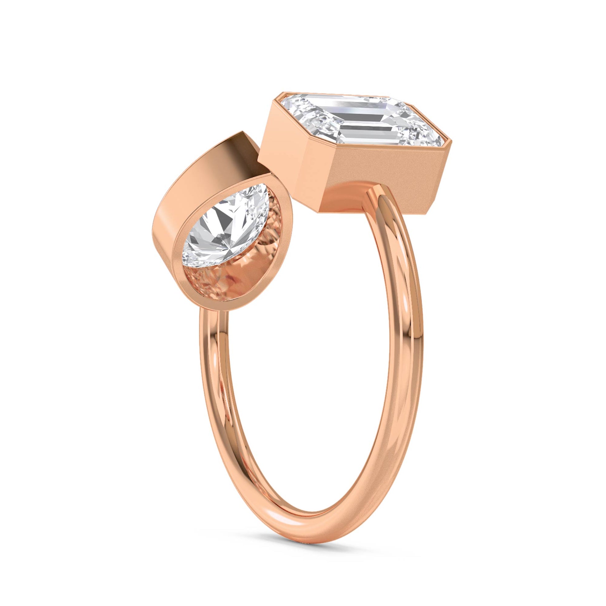 Round & Emerald Cut Toi et Moi Diamond Ring - Rose Gold - Pose 2