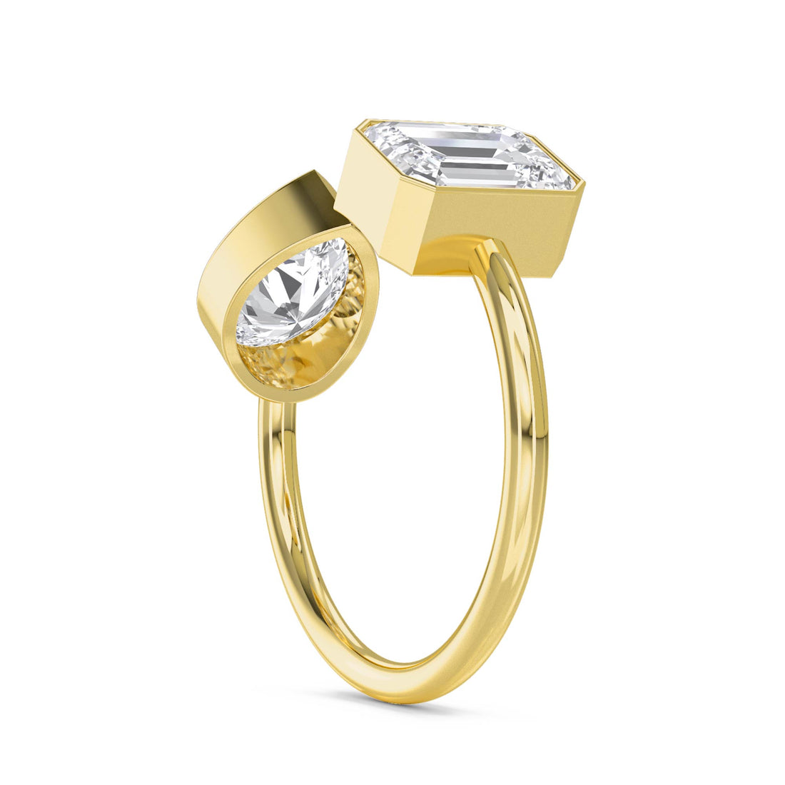 Round & Emerald Cut Toi et Moi Diamond Ring - Yellow Gold - Pose 2