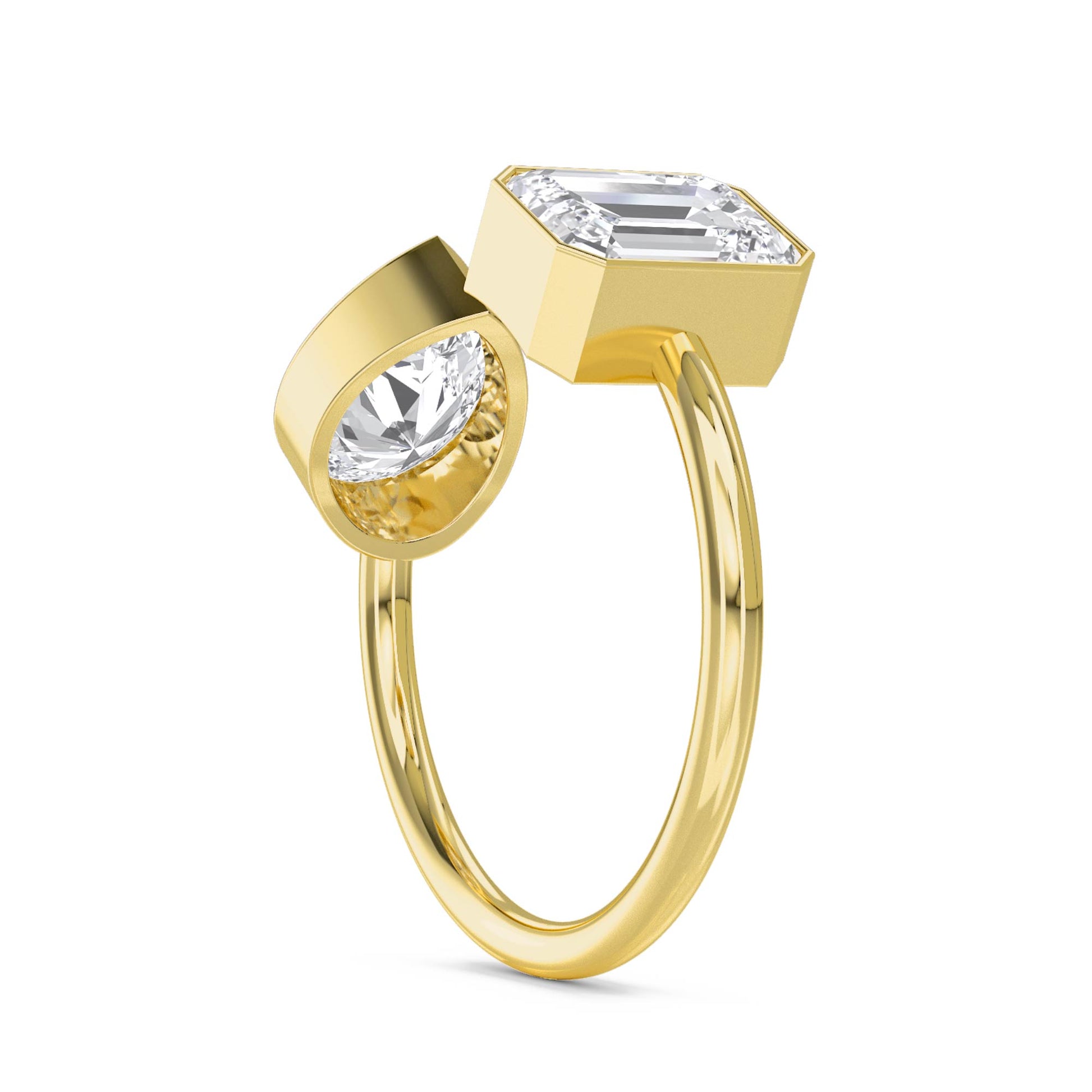 Round & Emerald Cut Toi et Moi Diamond Ring - Yellow Gold - Pose 2