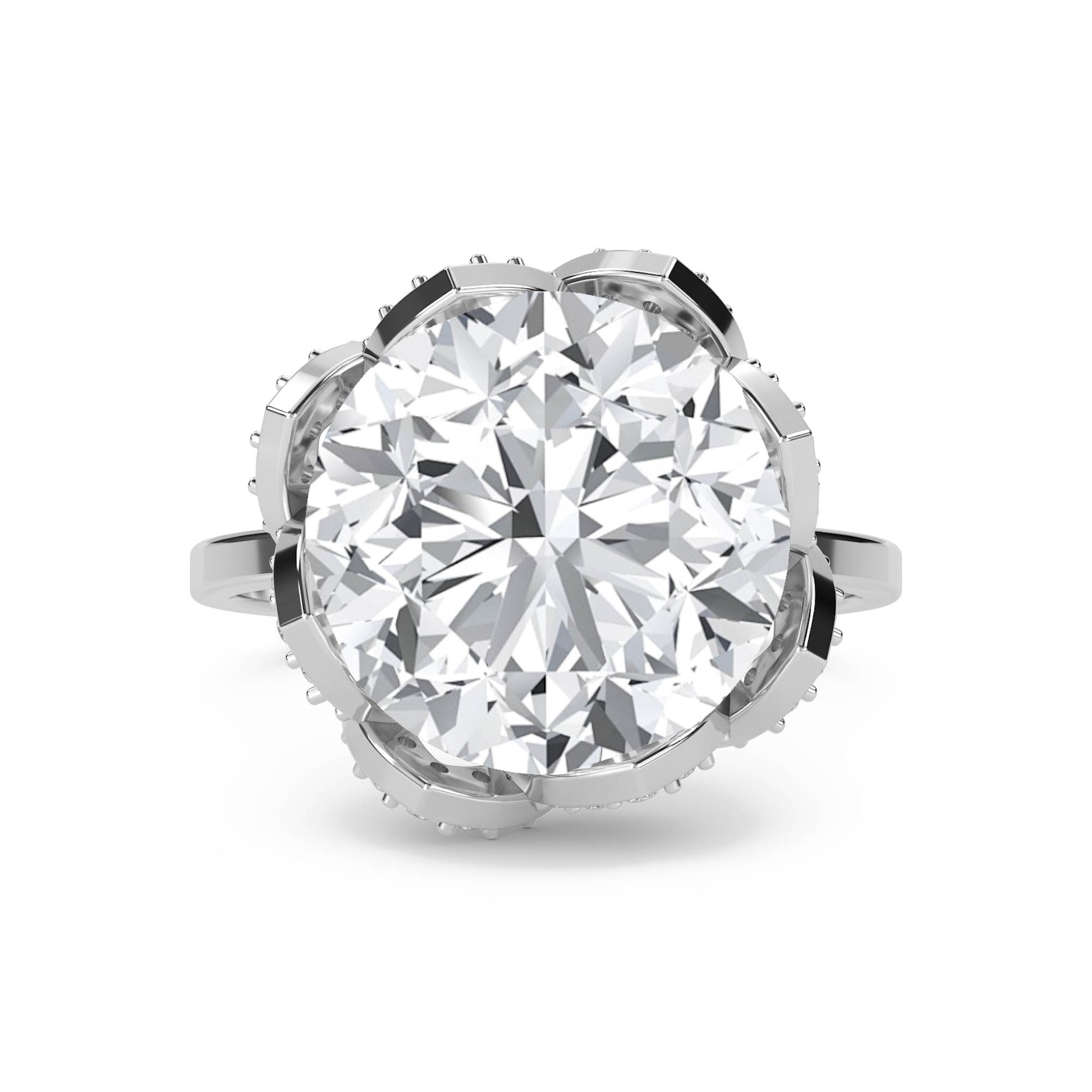 Round Diamond Ring with Scalloped Bezel Halo - White Gold - Pose 1