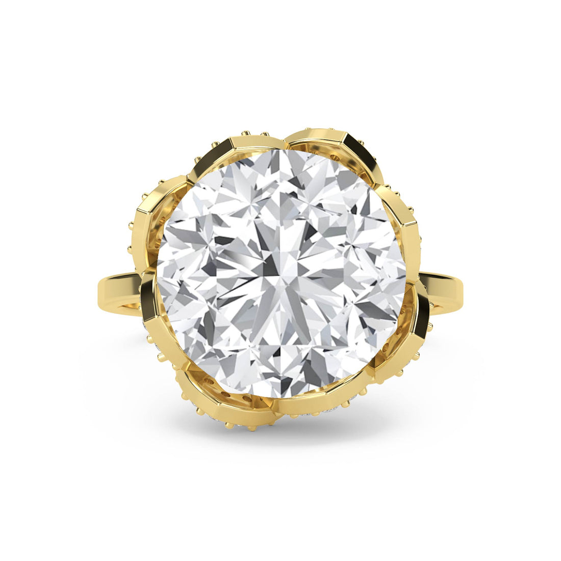 Round Diamond Ring with Scalloped Bezel Halo - Yellow Gold - Pose 1