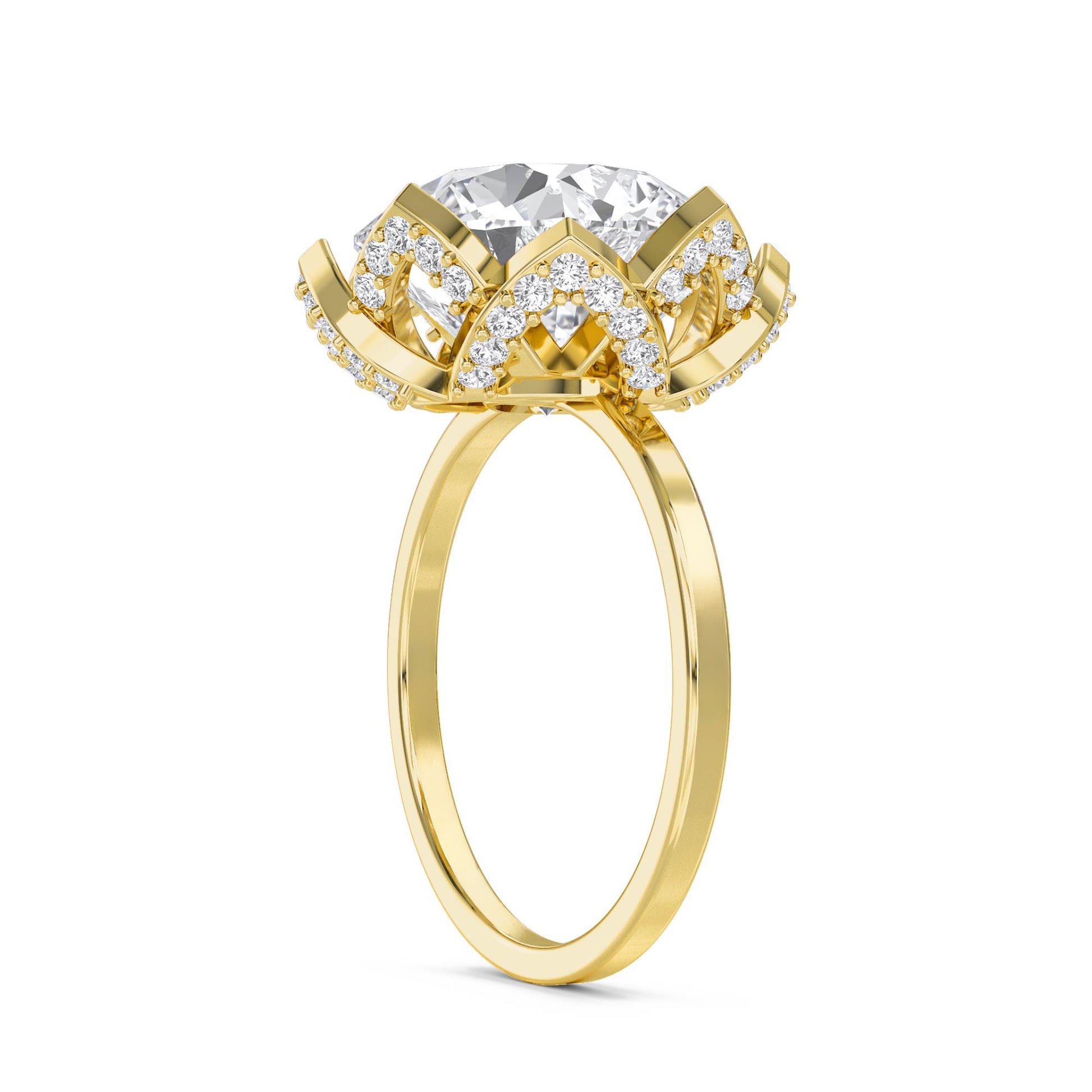 Round Diamond Ring with Scalloped Bezel Halo - Yellow Gold - Pose 2