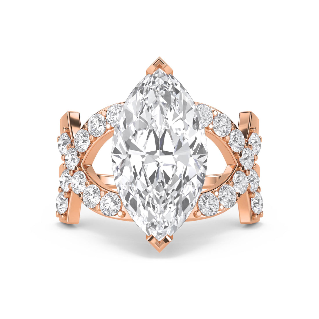 Marquise Diamond Ring with Double Pavé Crossover Shank - Rose Gold - Pose 1