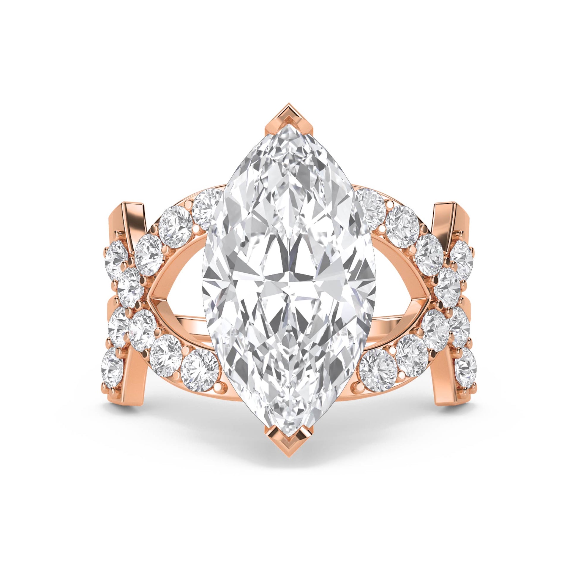 Marquise Diamond Ring with Double Pavé Crossover Shank - Rose Gold - Pose 1