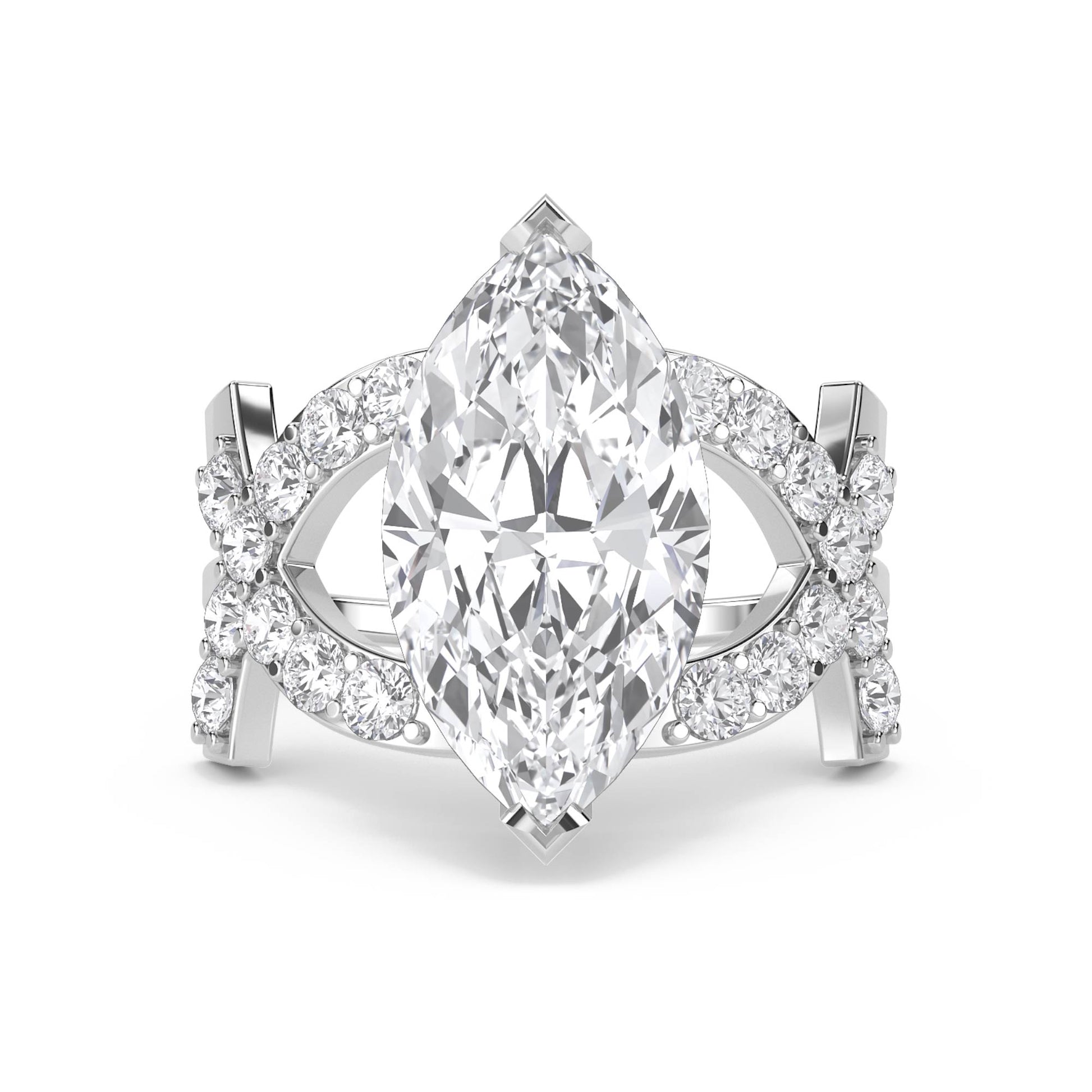 Marquise Diamond Ring with Double Pavé Crossover Shank - White Gold - Pose 1