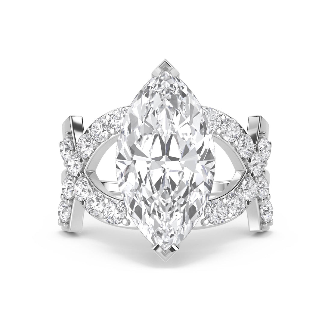 Marquise Diamond Ring with Double Pavé Crossover Shank (Silver) - image 1