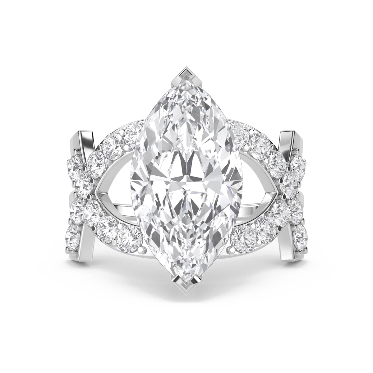 Marquise Diamond Ring with Double Pavé Crossover Shank (Silver) - image 1