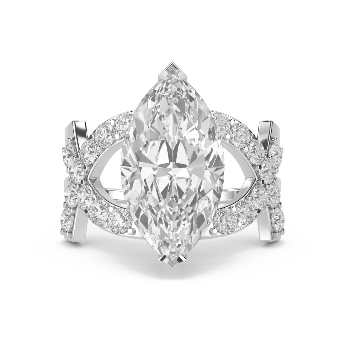 Marquise Diamond Ring with Double Pavé Crossover Shank (Silver) - image 1
