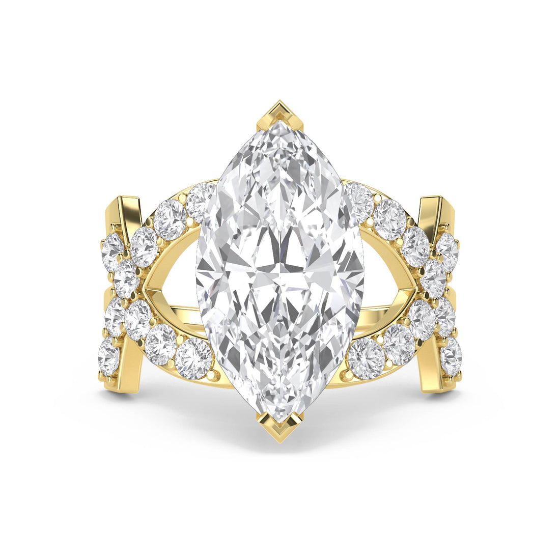Marquise Diamond Ring with Double Pavé Crossover Shank - Yellow Gold - Pose 1