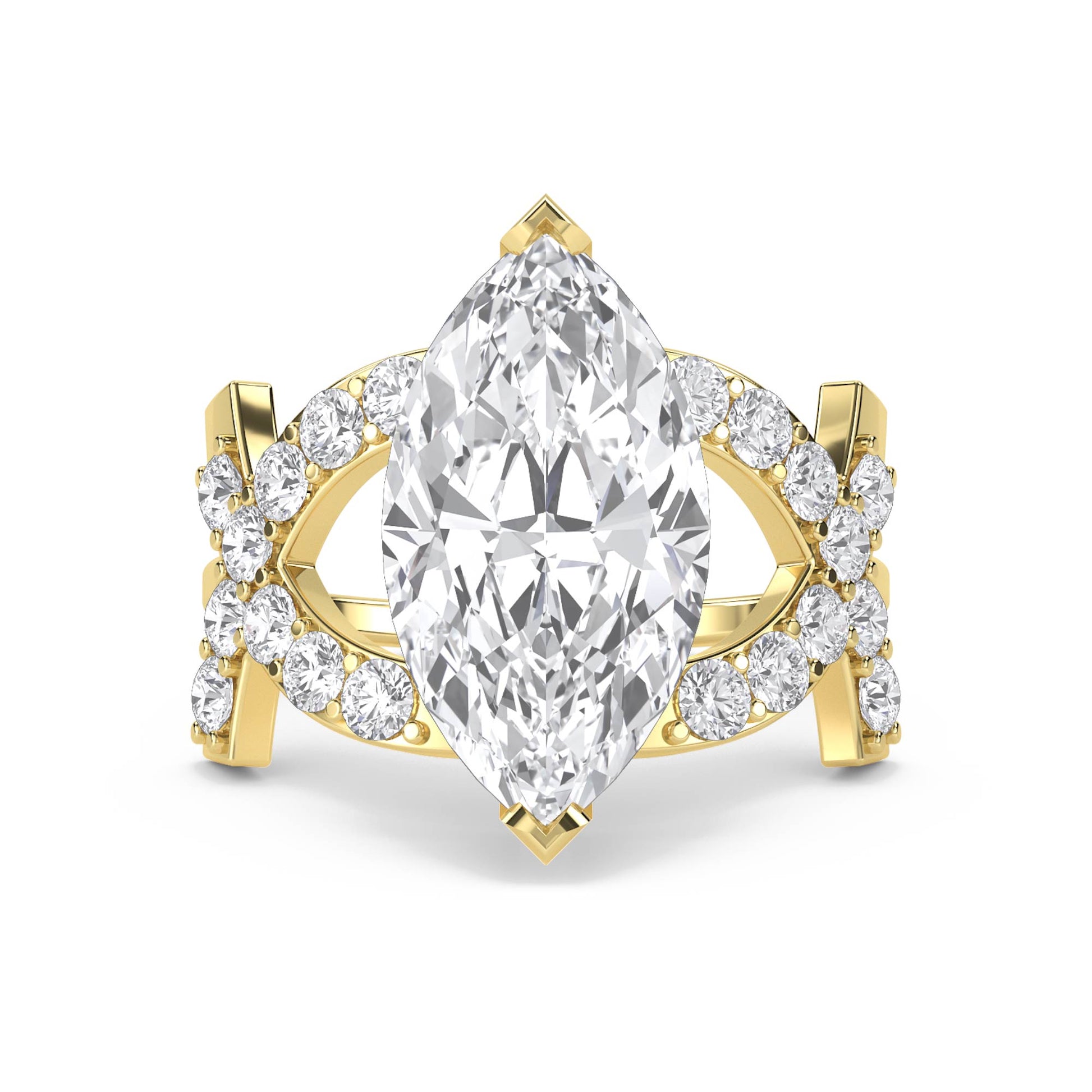 Marquise Diamond Ring with Double Pavé Crossover Shank - Yellow Gold - Pose 1