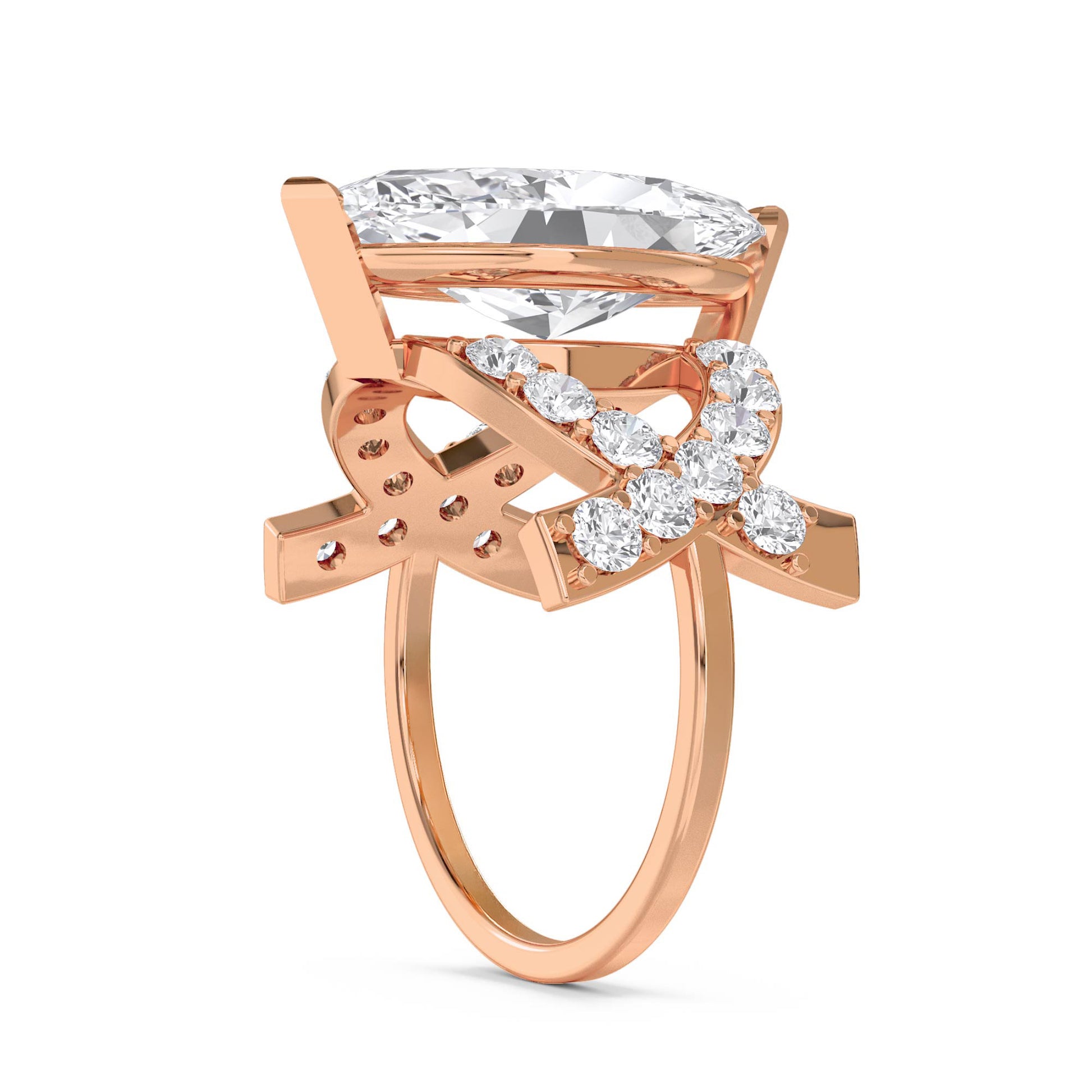 Marquise Diamond Ring with Double Pavé Crossover Shank - Rose Gold - Pose 2