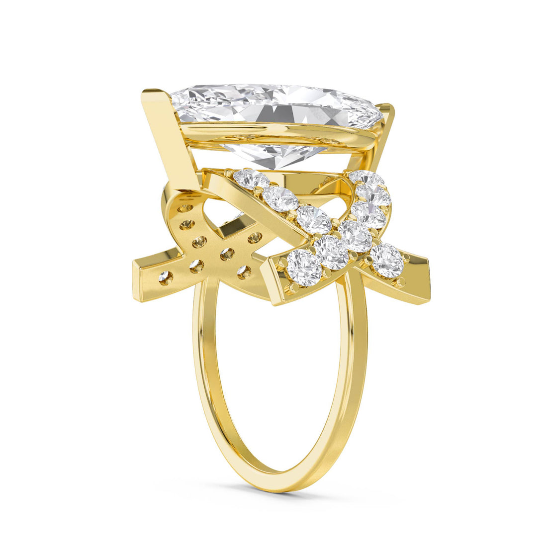 Marquise Diamond Ring with Double Pavé Crossover Shank - Yellow Gold - Pose 2
