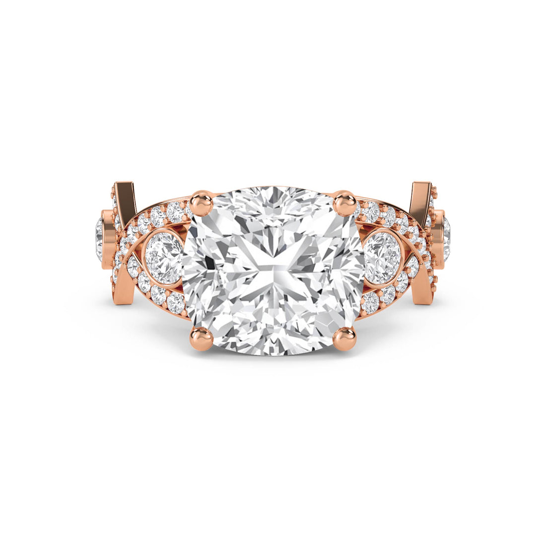 Cushion Cut Diamond Ring with Pavé Split Shoulders - Rose Gold - Pose 1