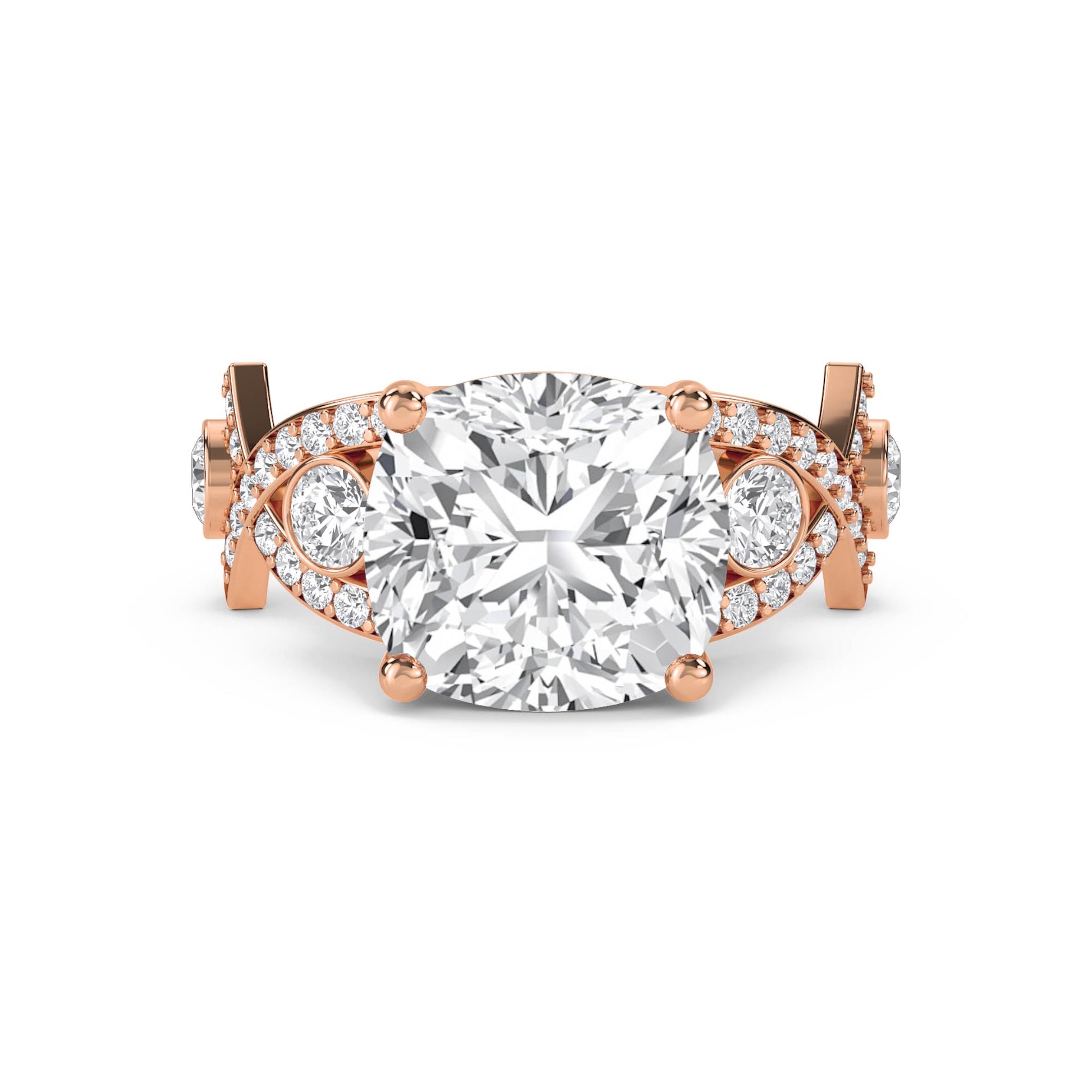 Cushion Cut Diamond Ring with Pavé Split Shoulders - Rose Gold - Pose 1