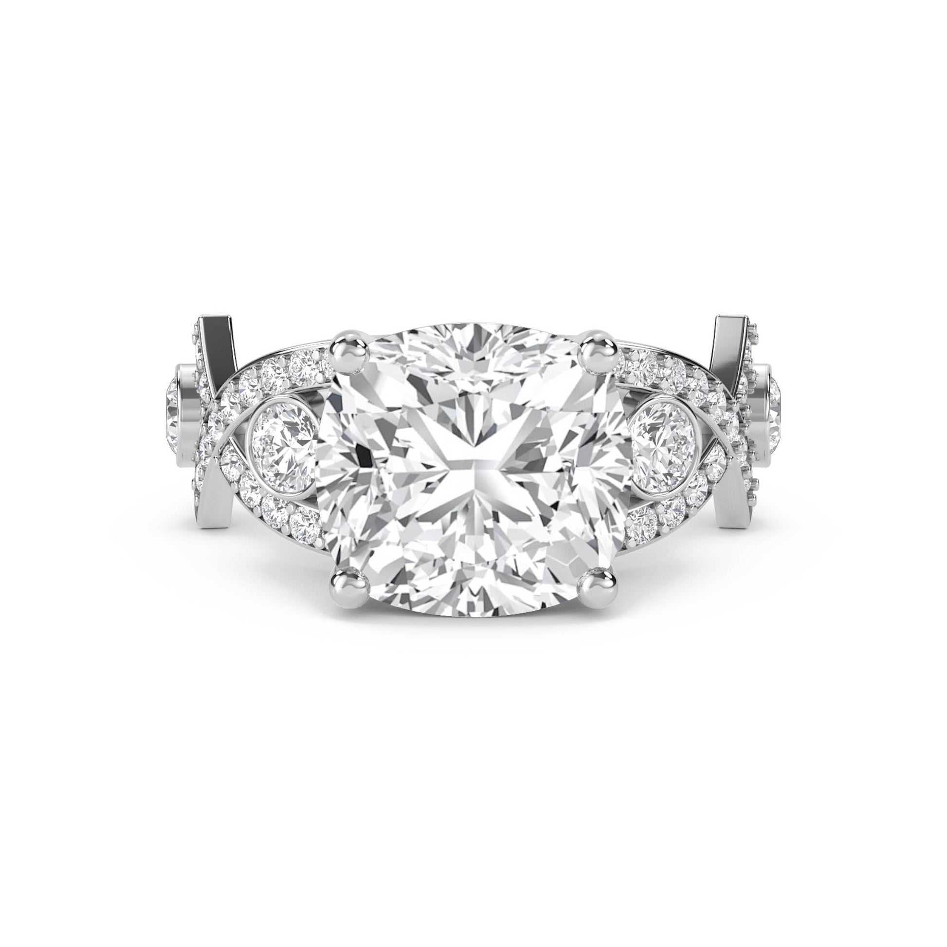 Cushion Cut Diamond Ring with Pavé Split Shoulders - White Gold - Pose 1