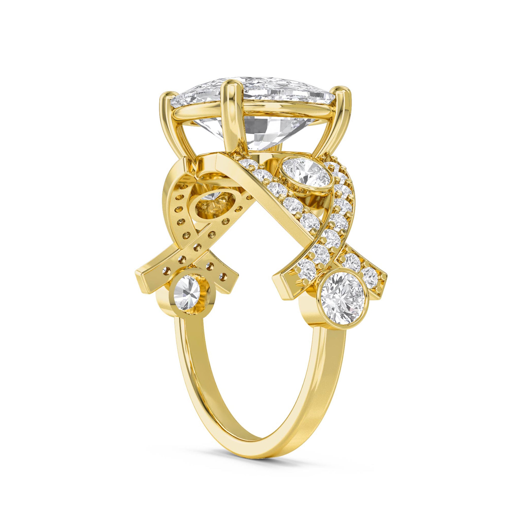 Cushion Cut Diamond Ring with Pavé Split Shoulders - Yellow Gold - Pose 2