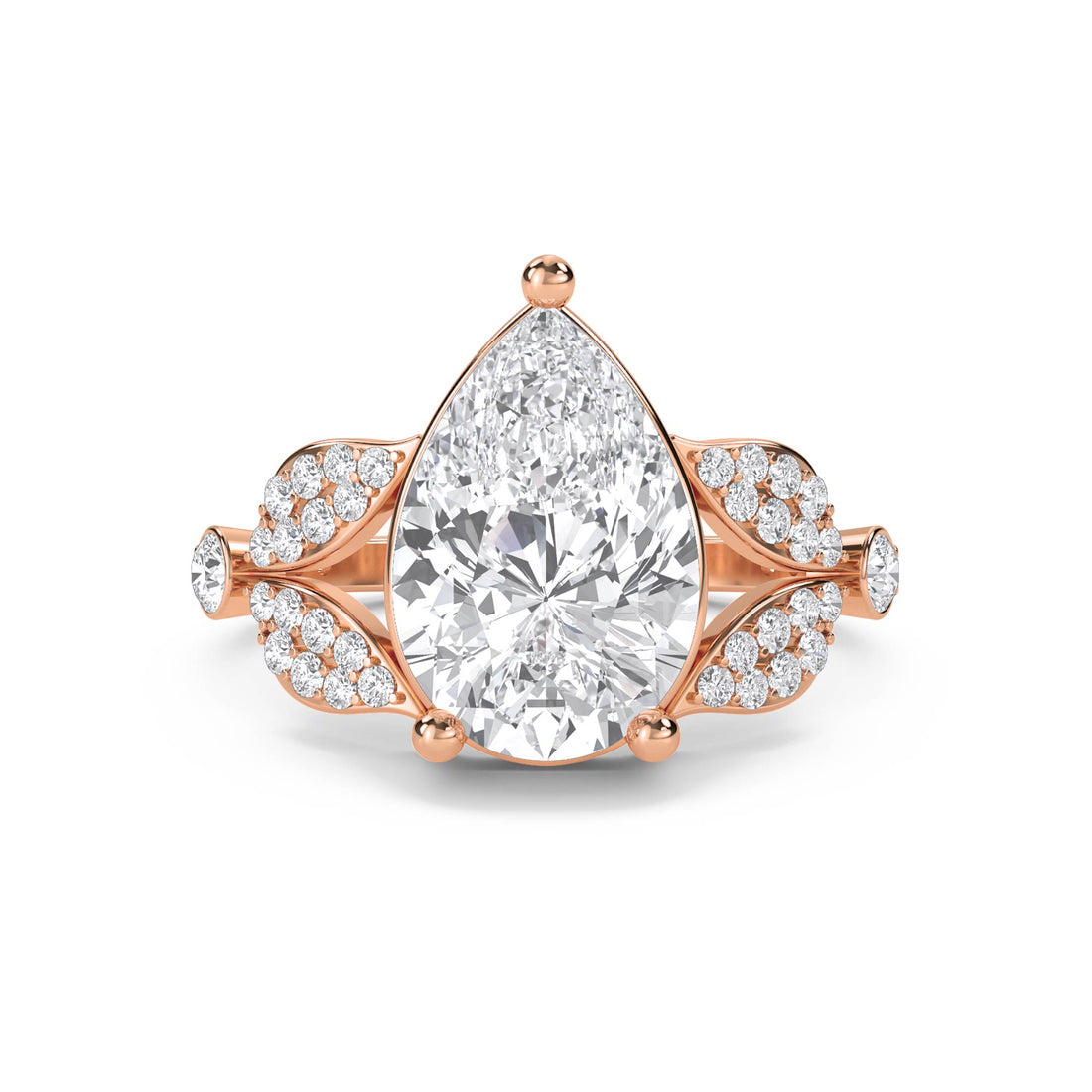 Pear Cut Diamond Ring with Diamond Leaf Shoulders - Rose Gold - Pose 1