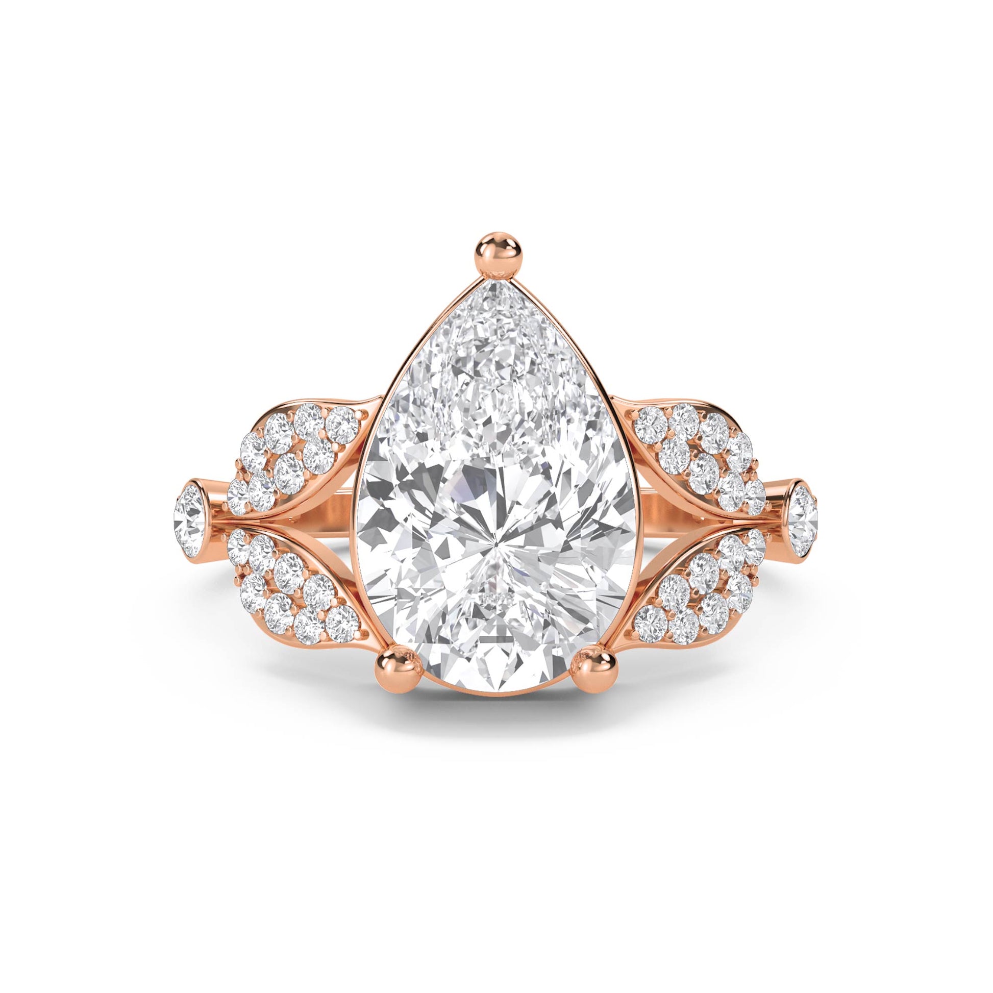 Pear Cut Diamond Ring with Diamond Leaf Shoulders - Rose Gold - Pose 1