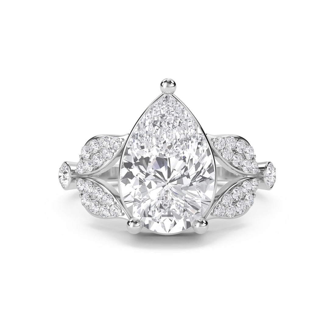 Pear Cut Diamond Ring with Diamond Leaf Shoulders (Silver) - image 1