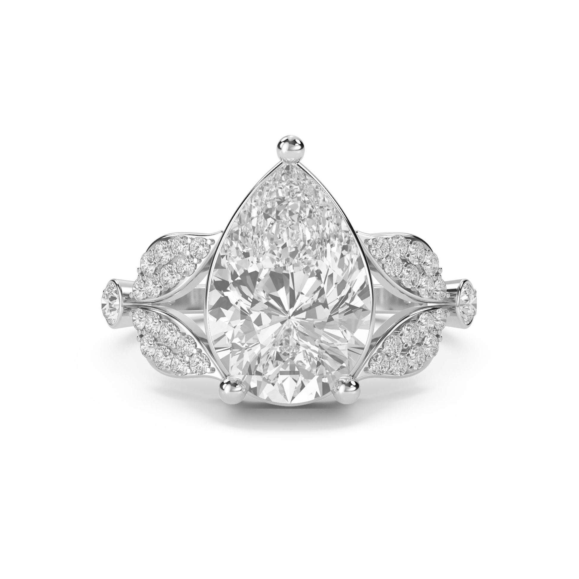 Pear Cut Diamond Ring with Diamond Leaf Shoulders (Silver) - image 1