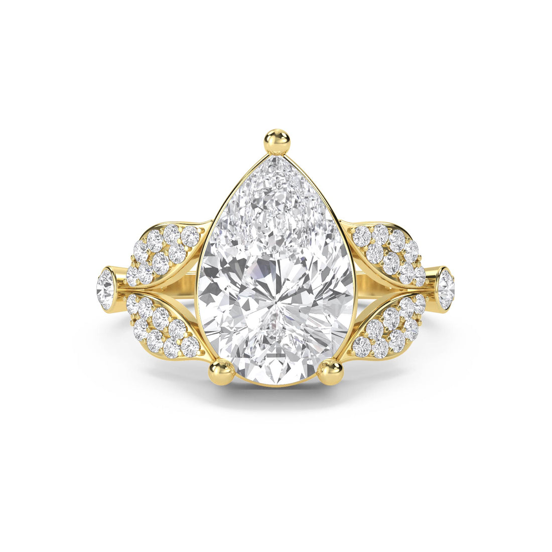 Pear Cut Diamond Ring with Diamond Leaf Shoulders - Yellow Gold - Pose 1