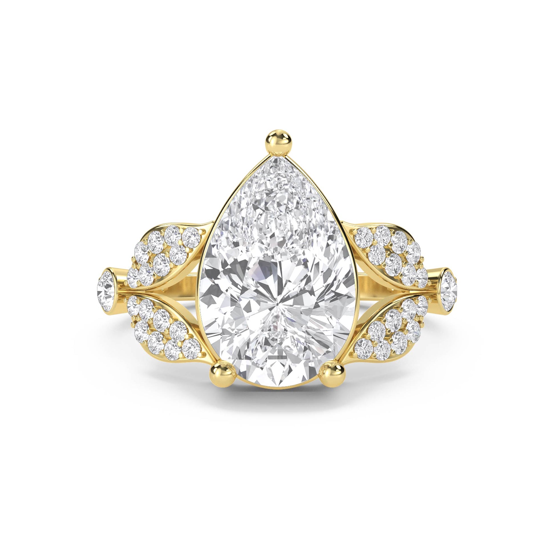 Pear Cut Diamond Ring with Diamond Leaf Shoulders - Yellow Gold - Pose 1
