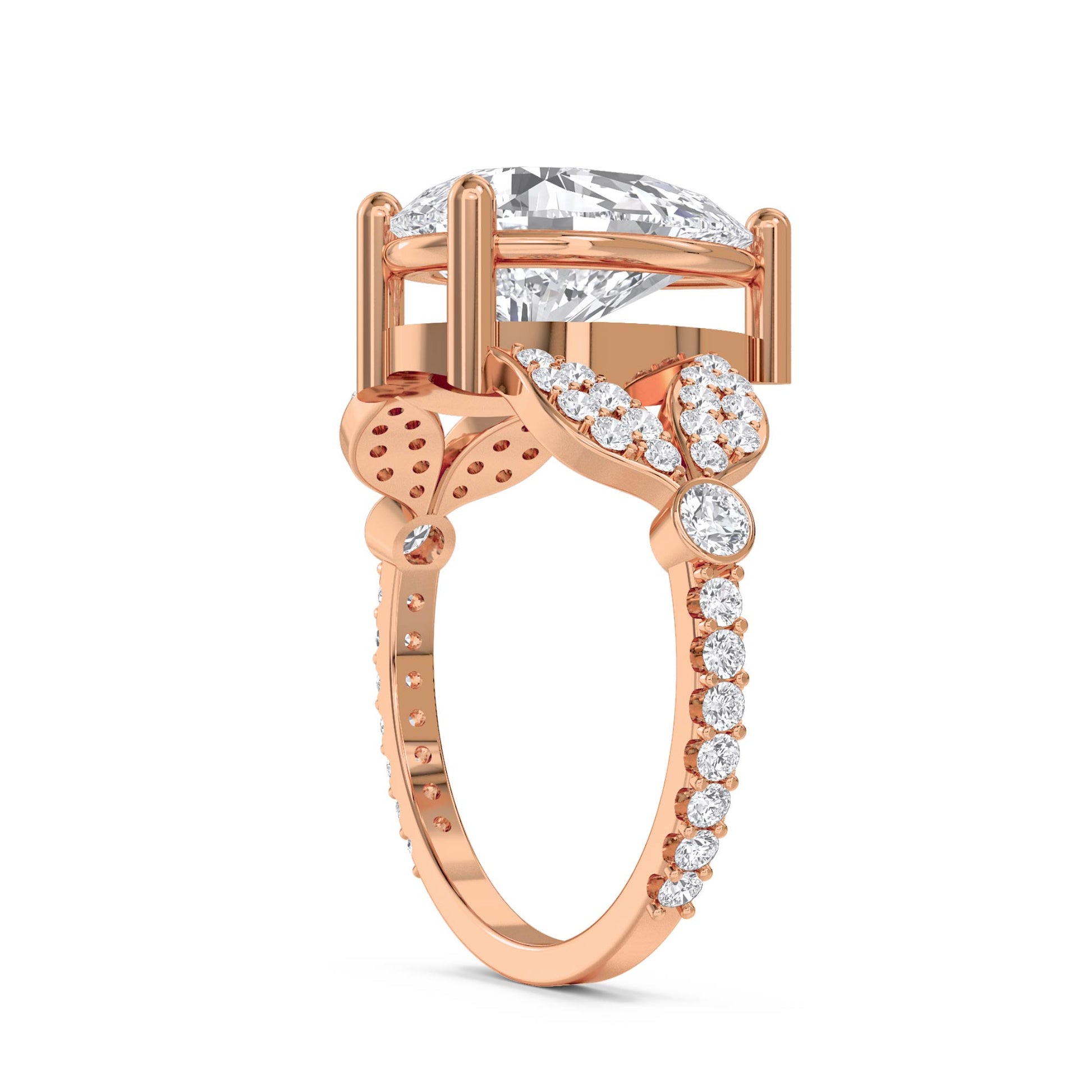 Pear Cut Diamond Ring with Diamond Leaf Shoulders - Rose Gold - Pose 2