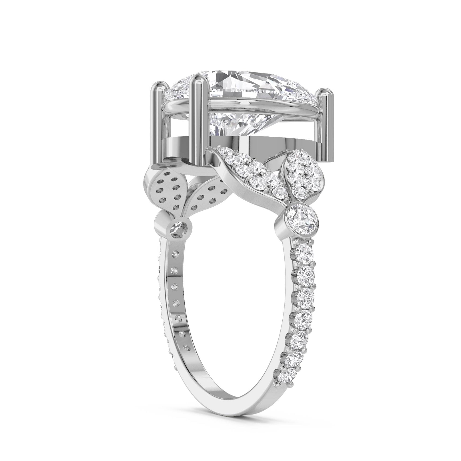 Pear Cut Diamond Ring with Diamond Leaf Shoulders - White Gold - Pose 2