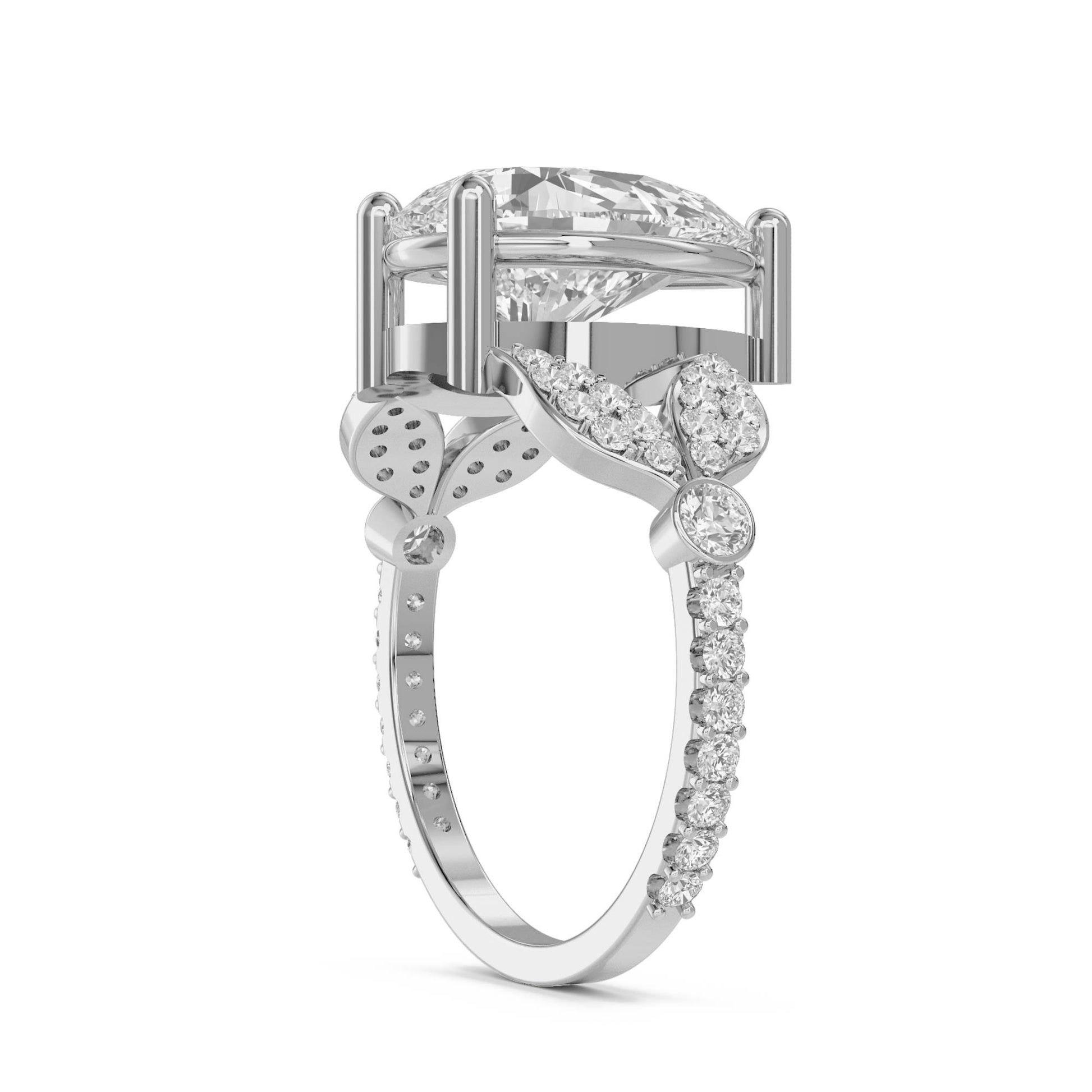 Pear Cut Diamond Ring with Diamond Leaf Shoulders (Silver) - image 2
