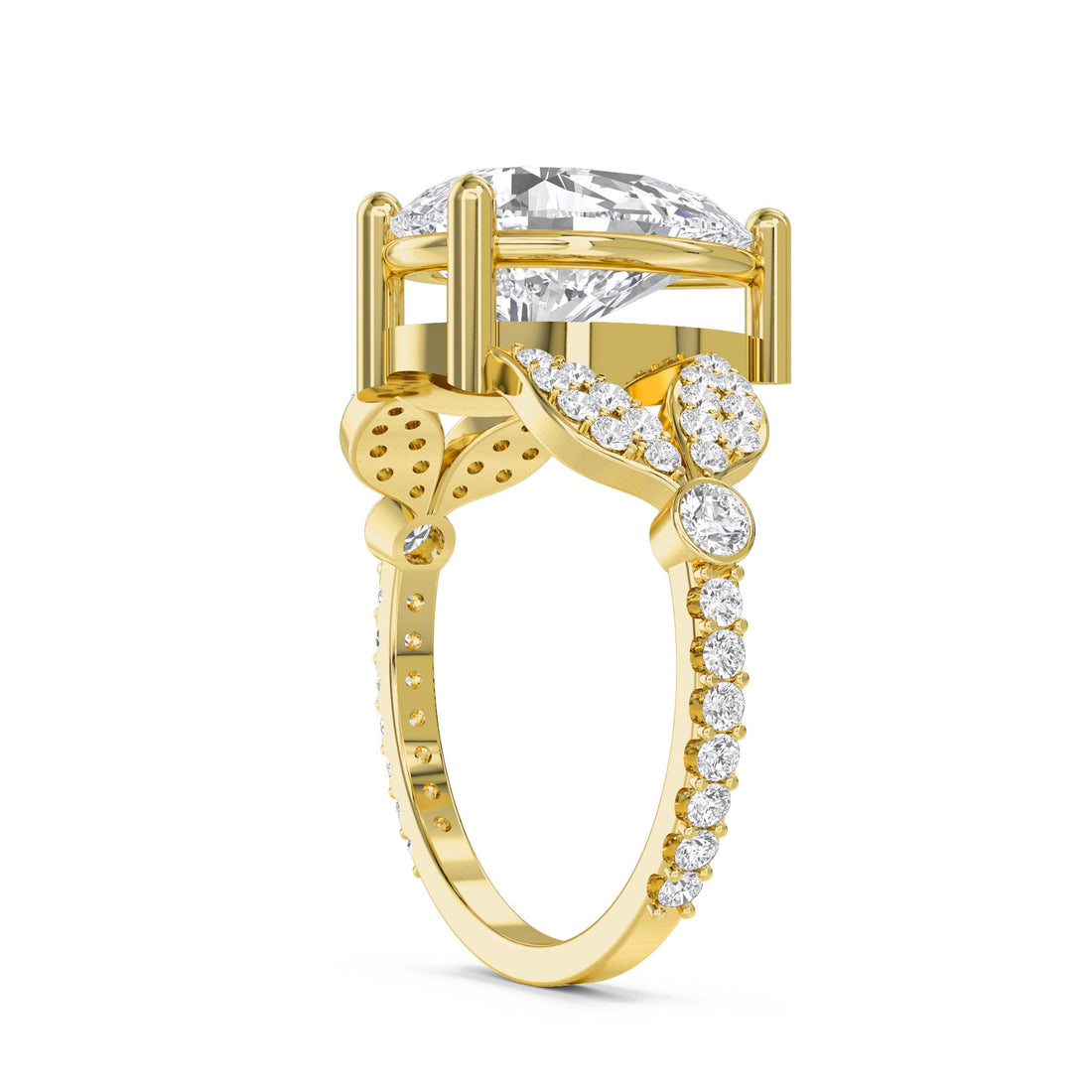 Pear Cut Diamond Ring with Diamond Leaf Shoulders - Yellow Gold - Pose 2
